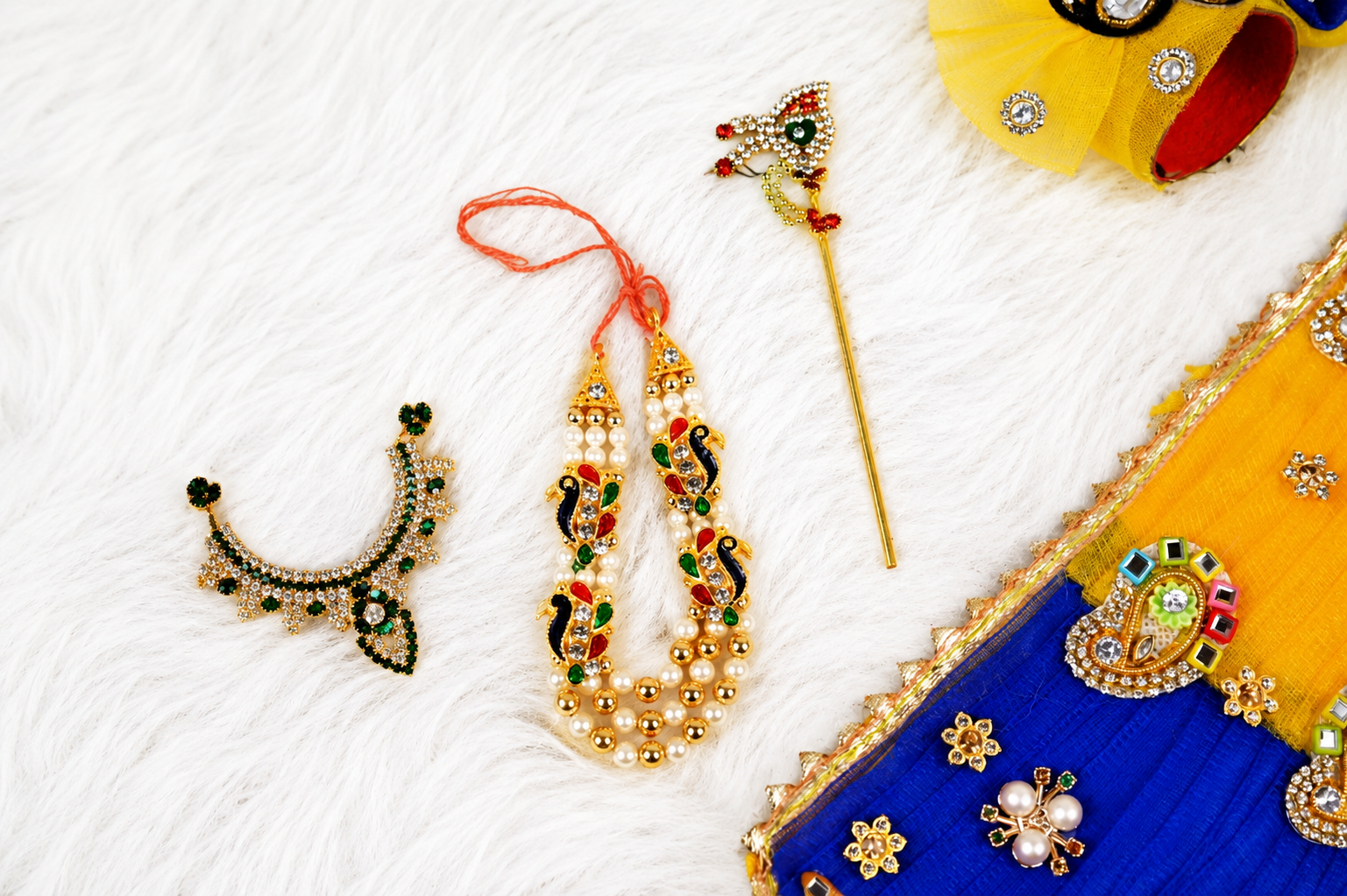 Yellow & Blue Patka Style Kundan Net Laddu Gopal Poshak
