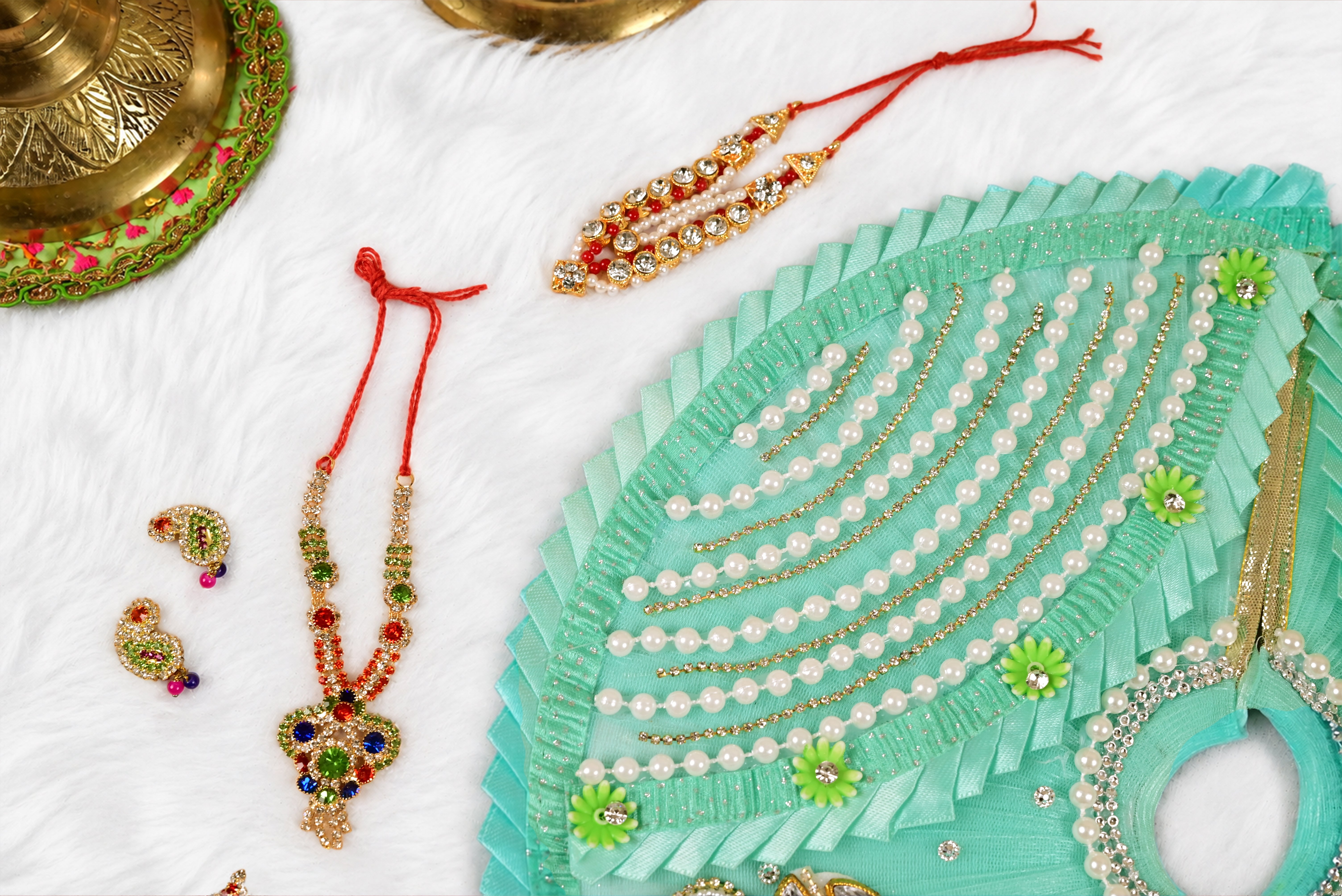 Sea Green Kundan Net Laddu Gopal Poshak