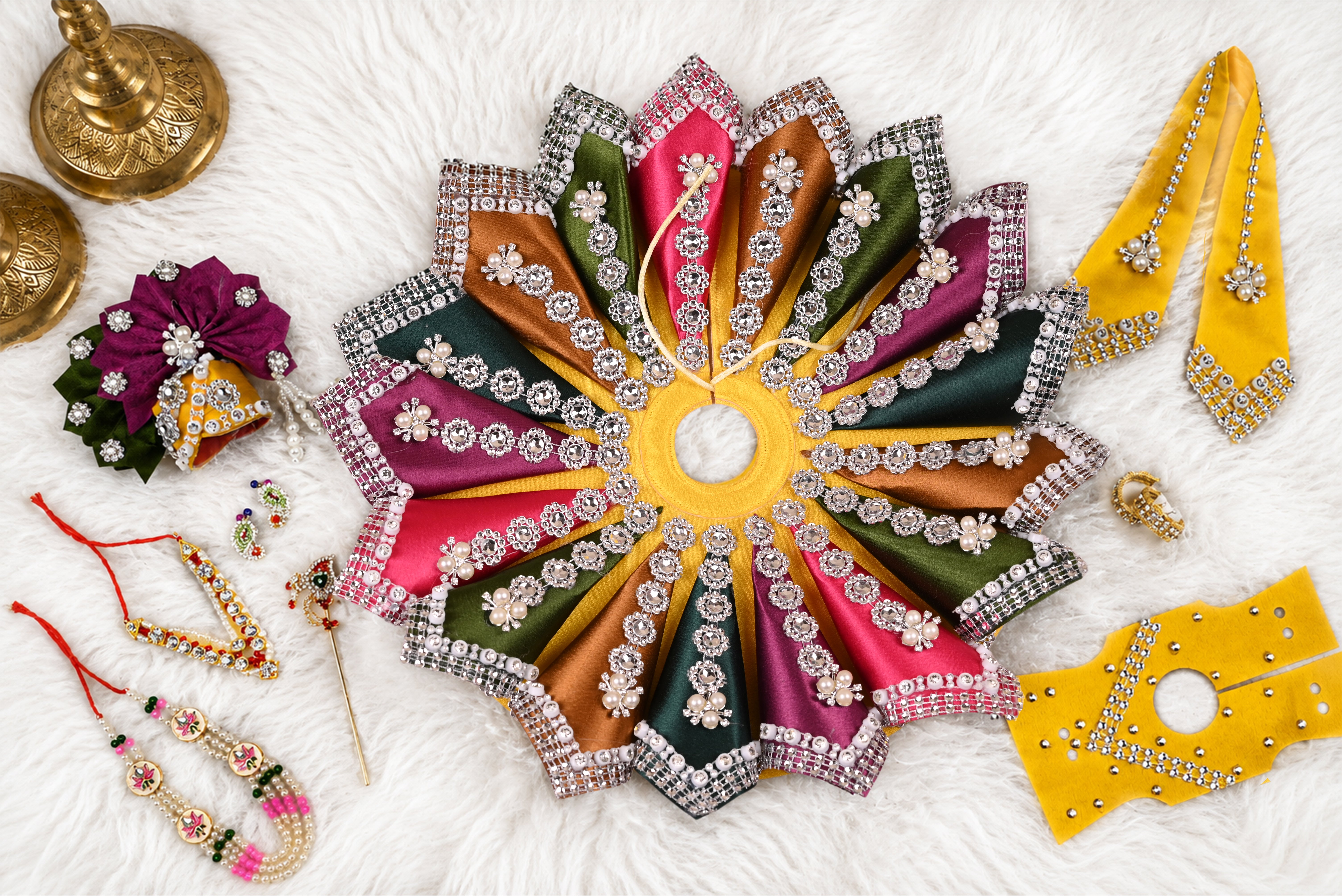 Multi-Colour Cone Style Silk Kundan Laddu Gopal Poshak