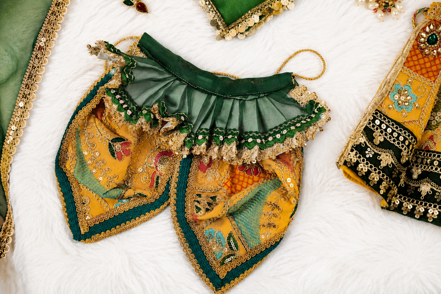 Radha Krishna Poshak | Yellow, Green & Pink Georgette
