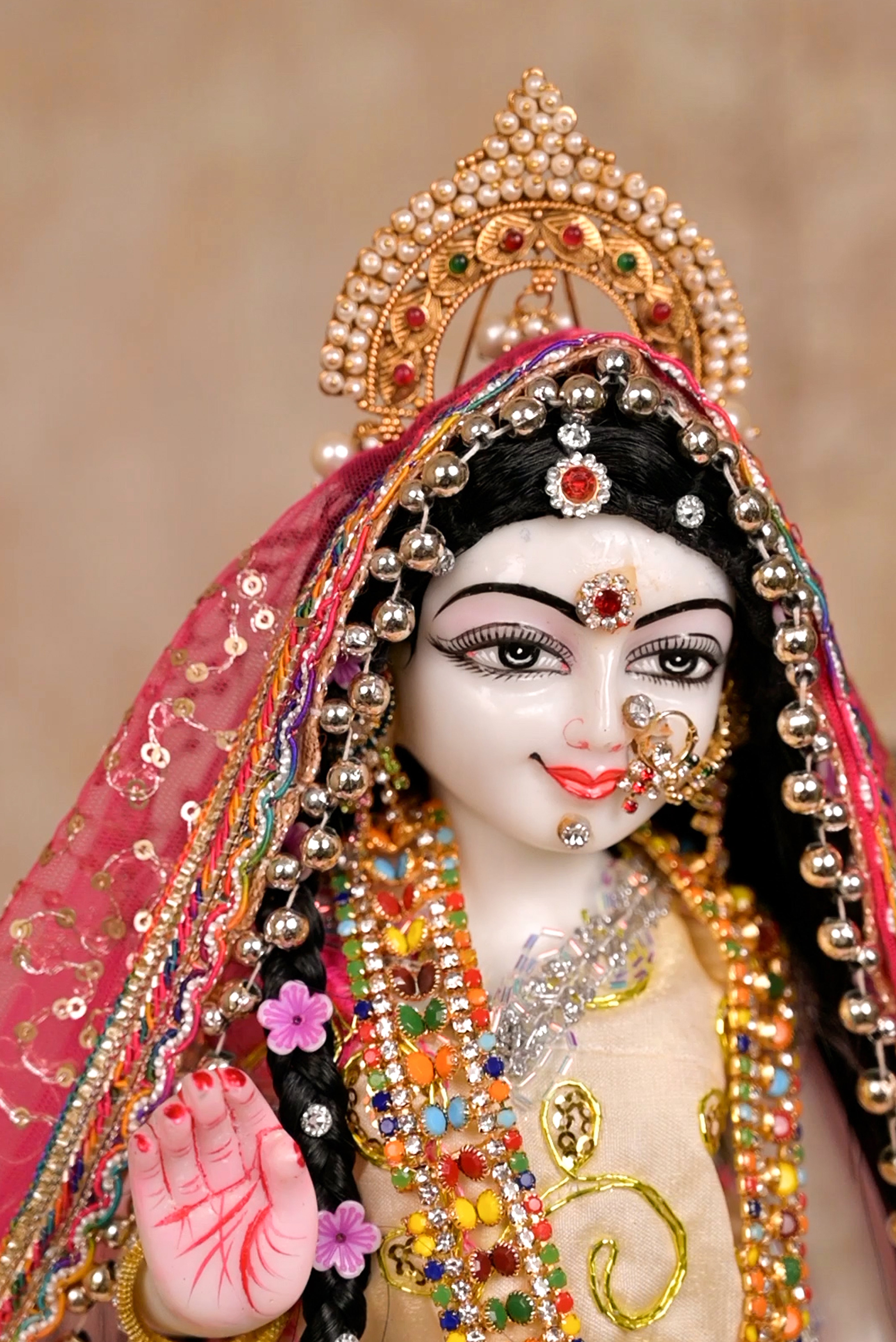 Radha Krishna Yugal Jodi Poshak – Beige Golden & Pink