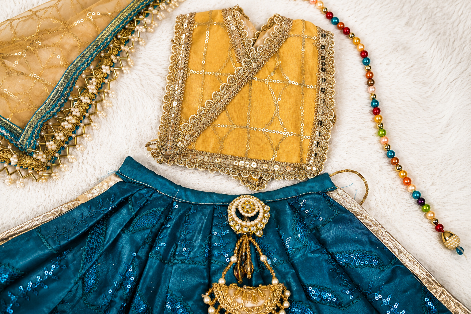 Radha Krishna Poshak | Golden & Dark Blue Net