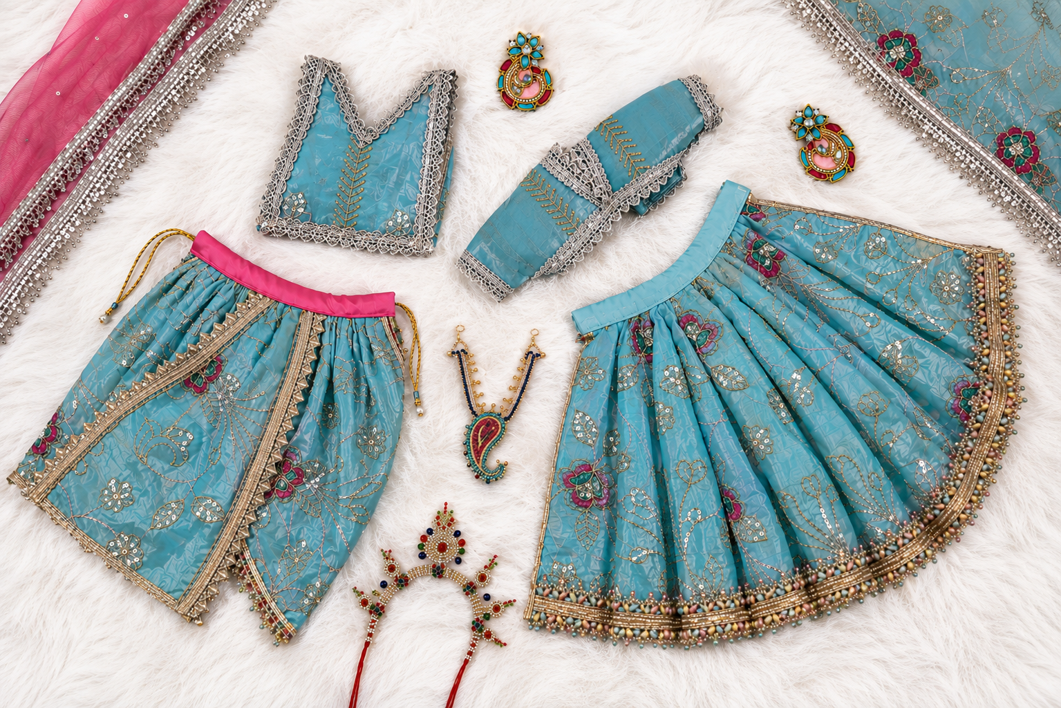 Radha Krishna Poshak | Sea Blue & Pink Silk