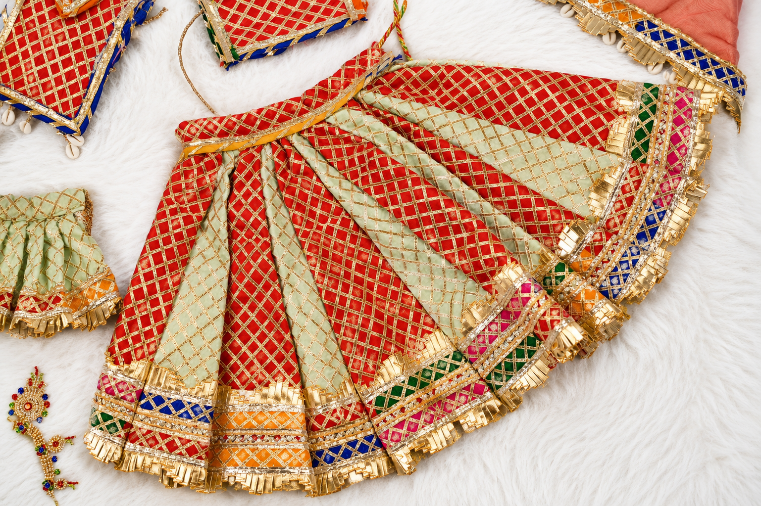 Radha Krishna Poshak | Orange, Green & Golden Silk