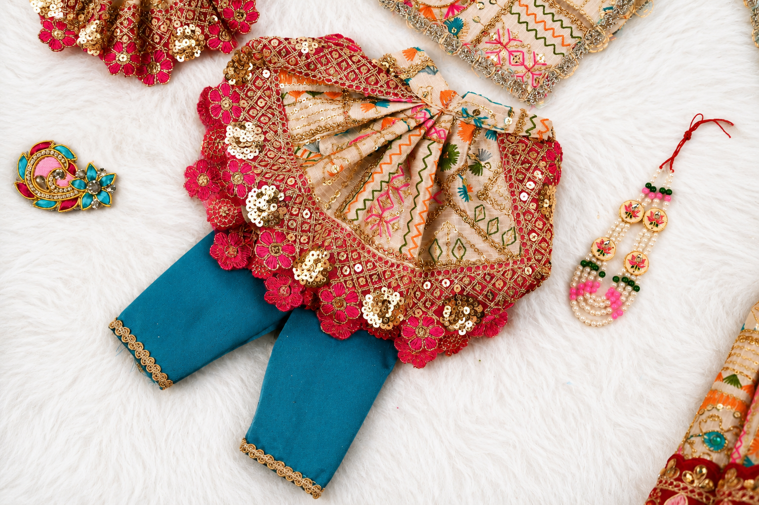 Radha Krishna Poshak | Light Golden & Pink Silk