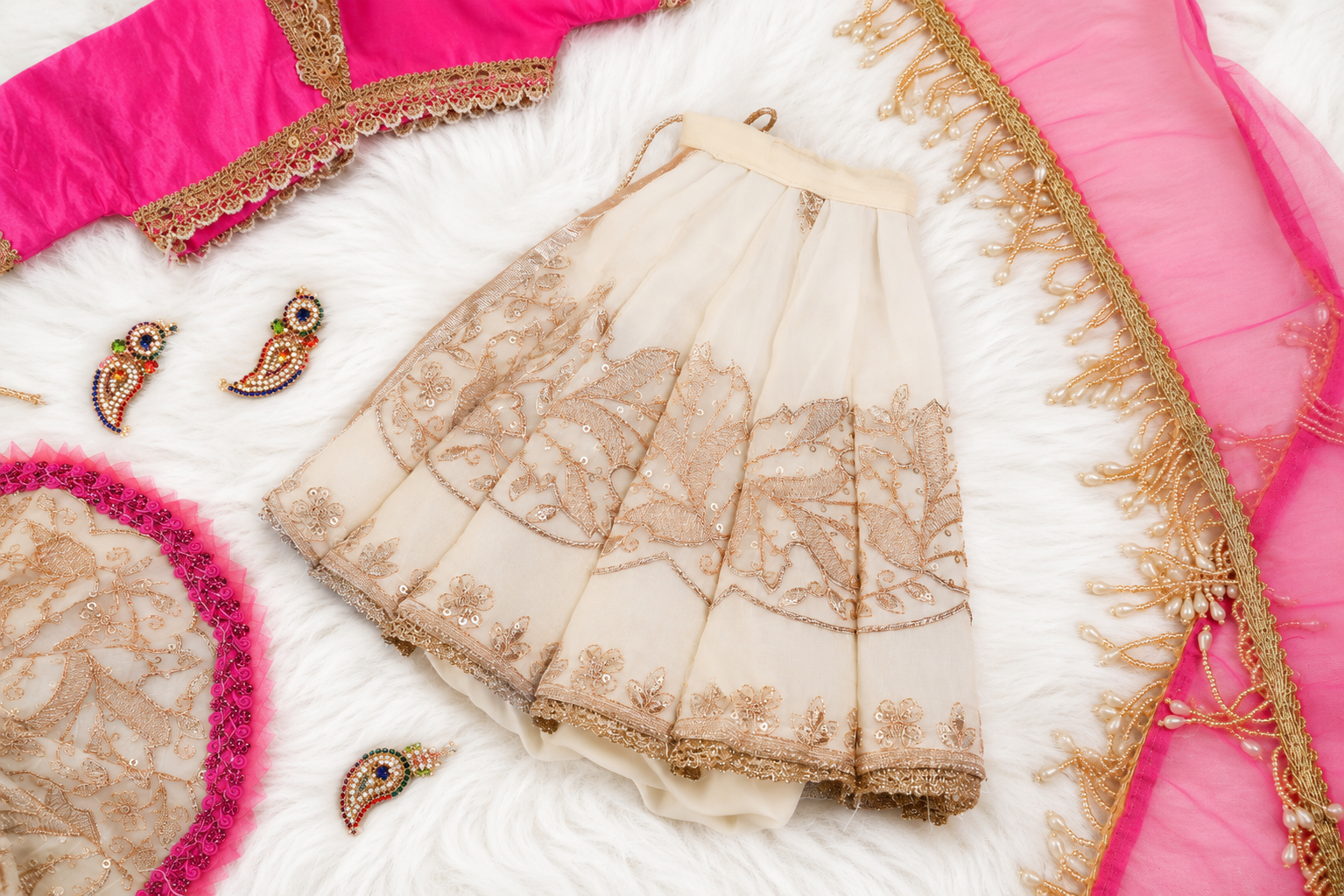 Golden White & Pink Silk Organza | Stone & Hand Embroidery Work
