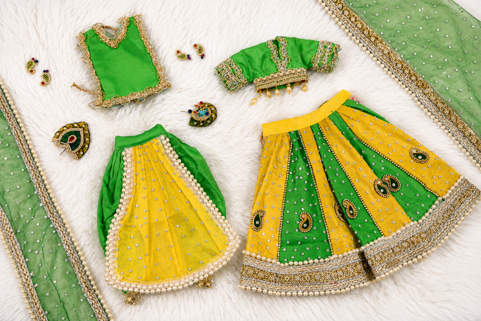 Radha Krishna Poshak | Yellow & Green Net | Festival Special