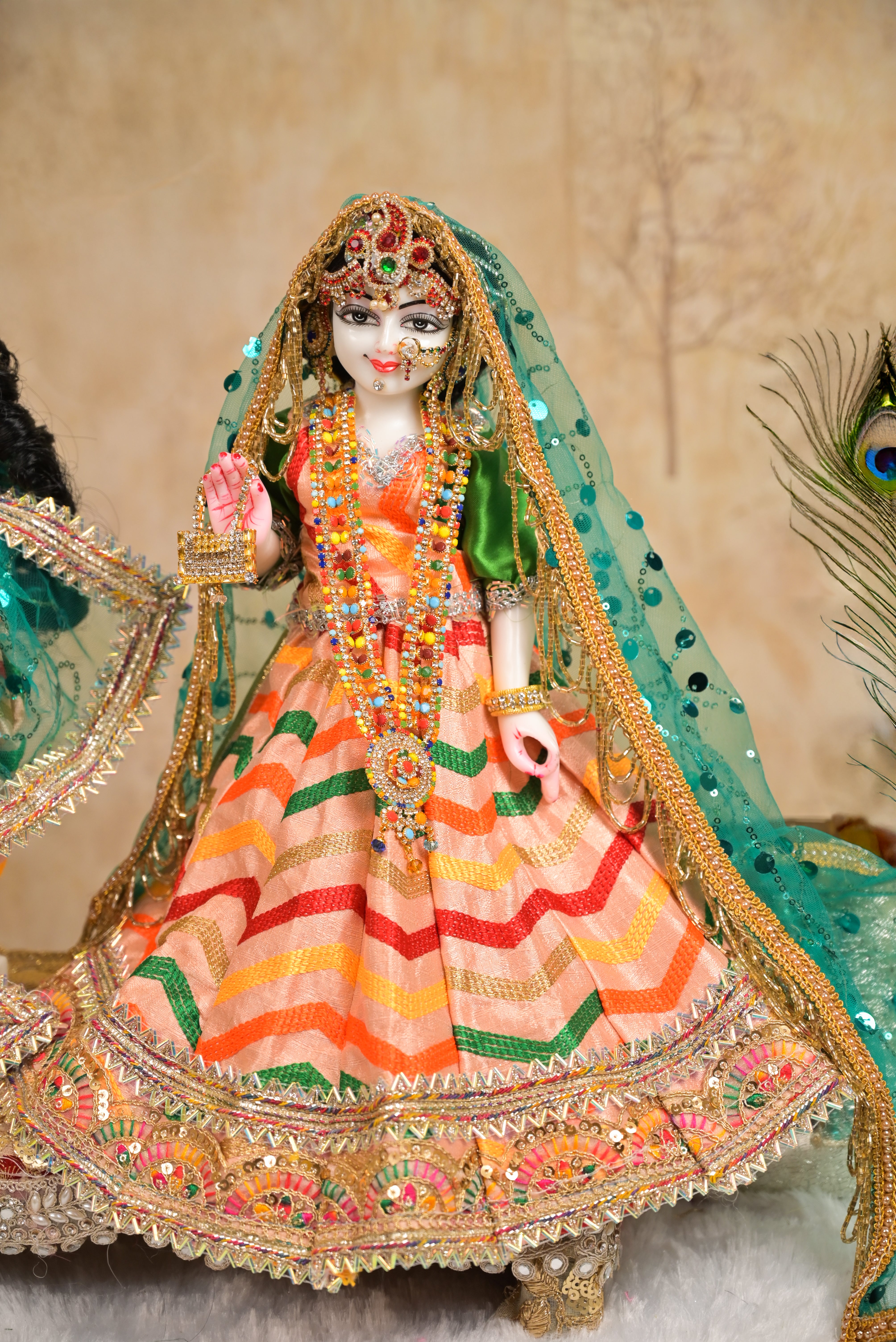 Radha Krishna Poshak | Peach, Pink & Green Silk