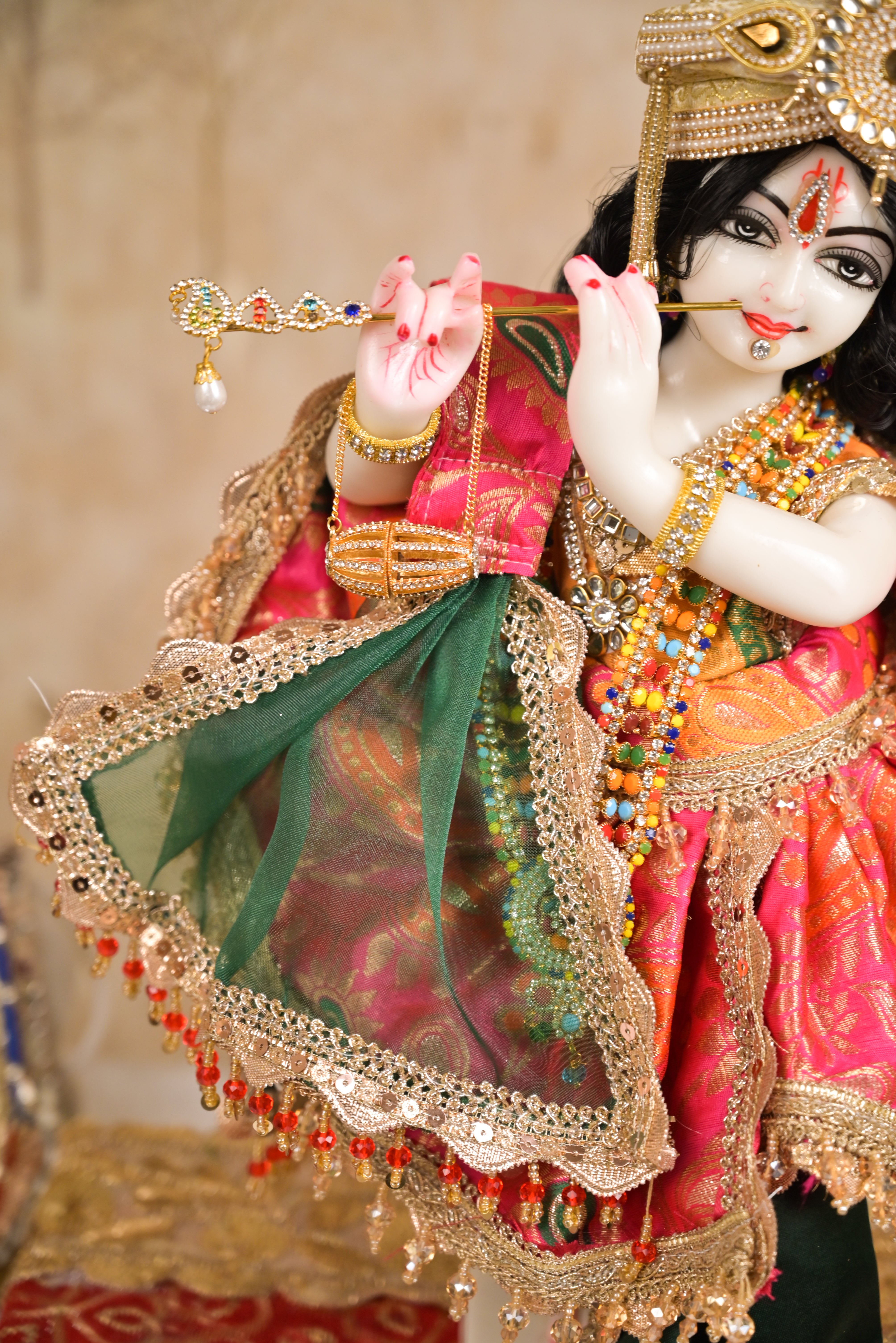 Radha Krishna Royal Yugal Jodi Poshak | Pure Banarsi Premium Silk | Pink, Mustard Yellow & Green