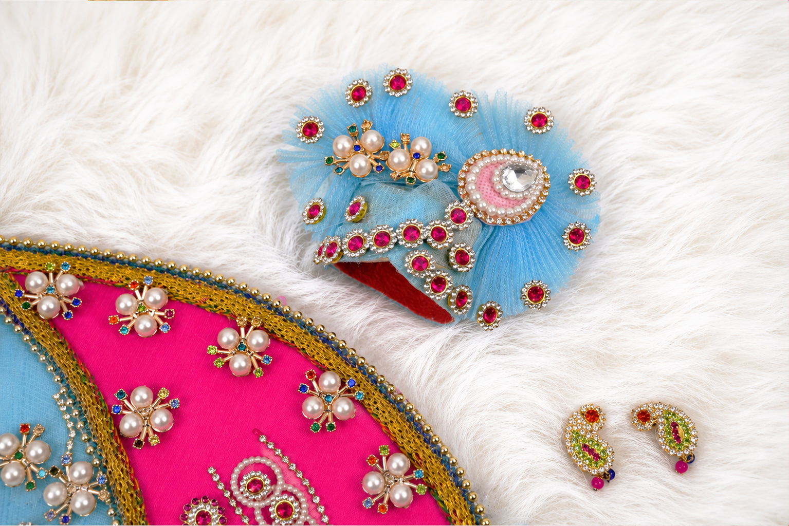 Pink & Sky Blue Moon Style Kundan Net Laddu Gopal Poshak