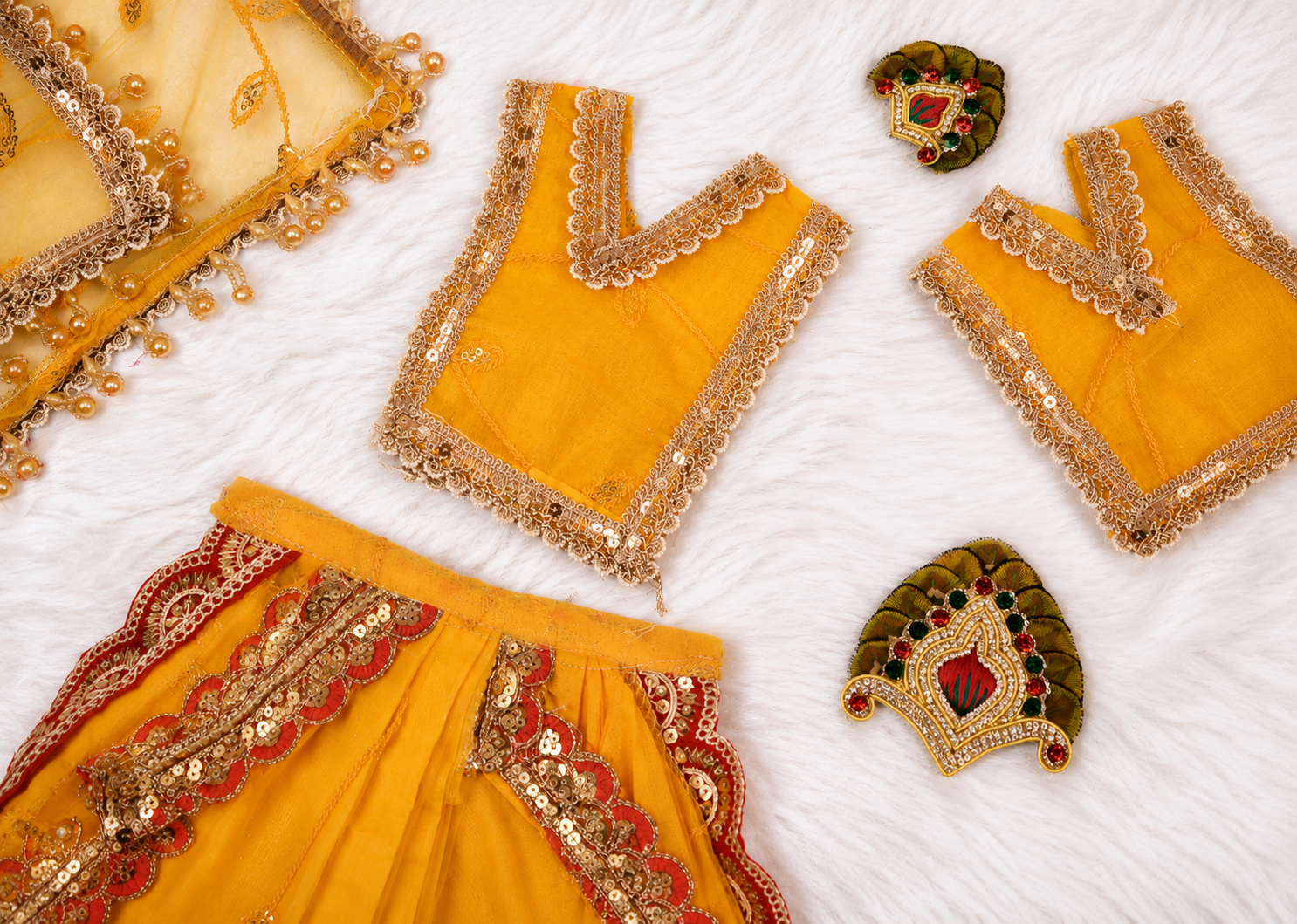 Radha Krishna Poshak | Yellow & Red Net