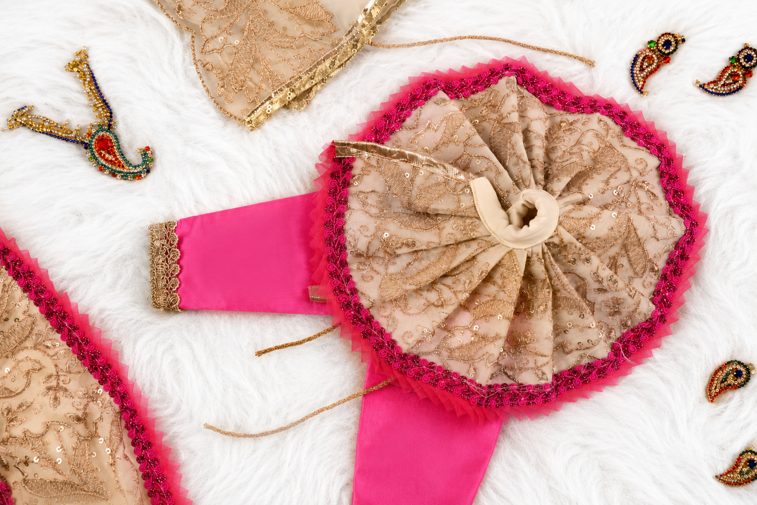 Golden White & Pink Silk Organza | Stone & Hand Embroidery Work