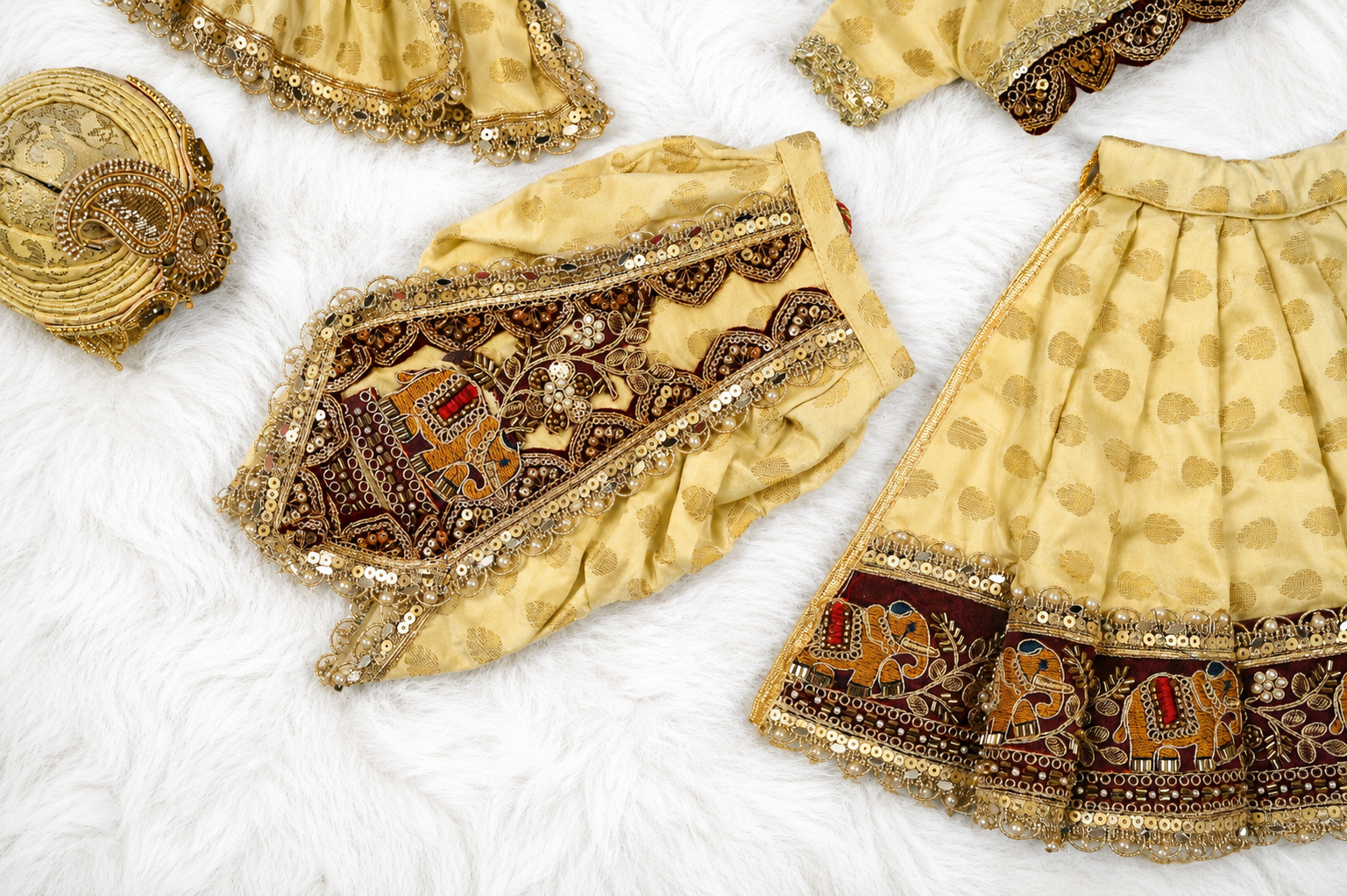 Radha Krishna Poshak | Golden, Wine & Maroon Silk