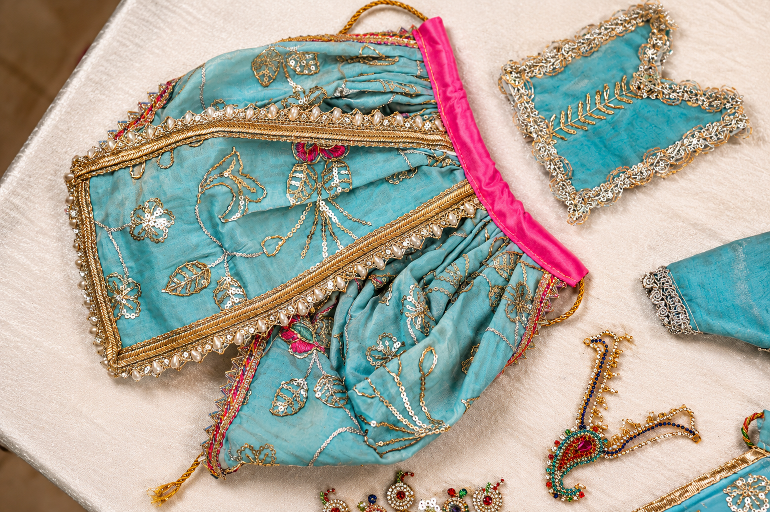 Radha Krishna Poshak | Sea Blue & Pink Silk