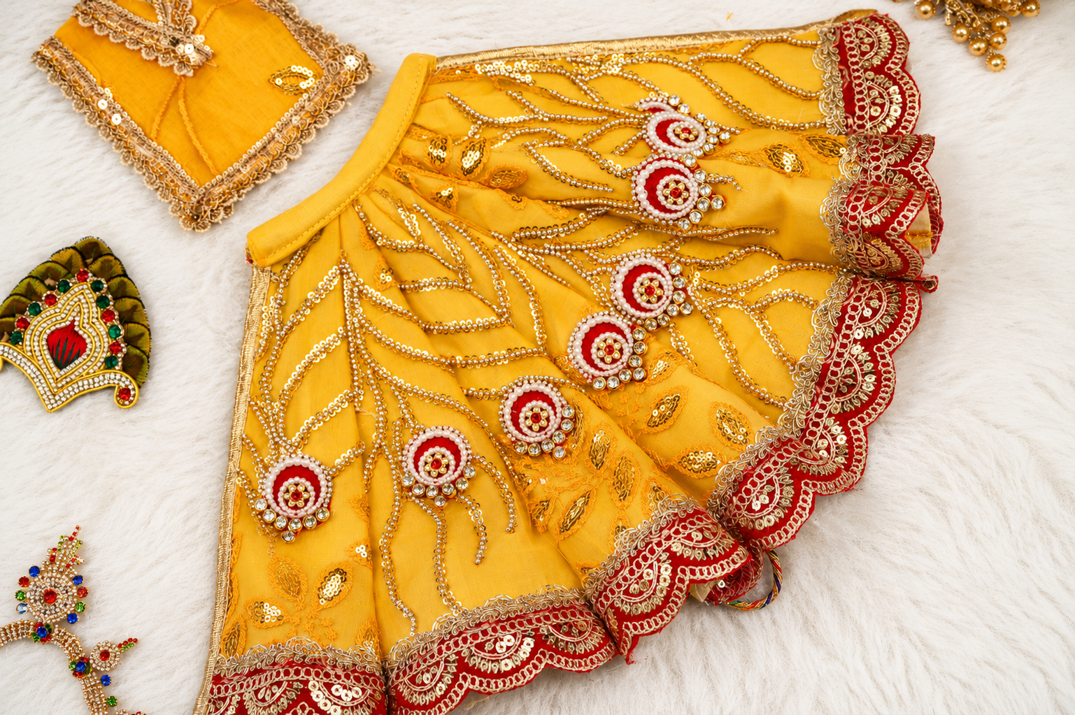 Radha Krishna Poshak | Yellow & Red Net