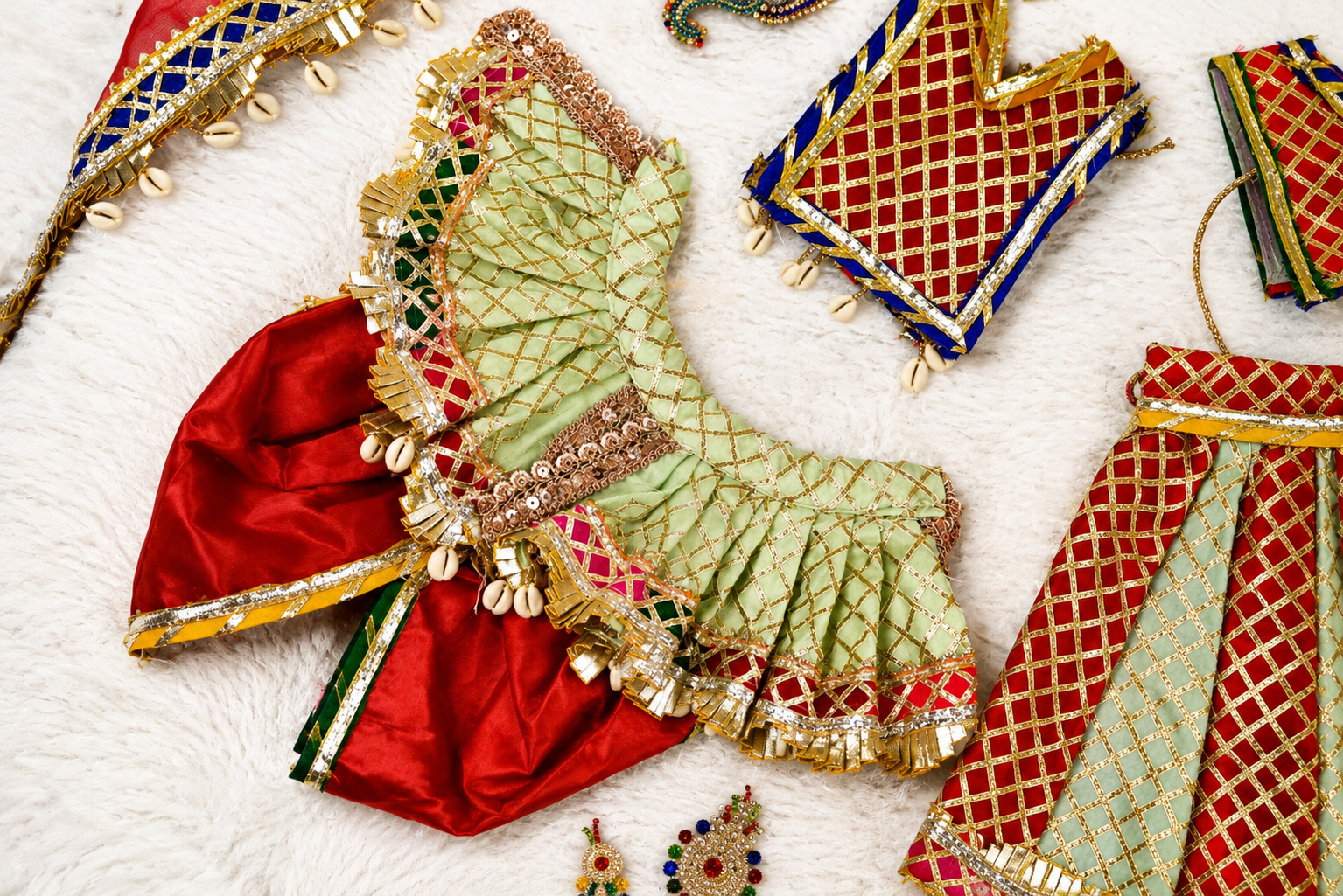 Radha Krishna Poshak | Orange, Green & Golden Silk