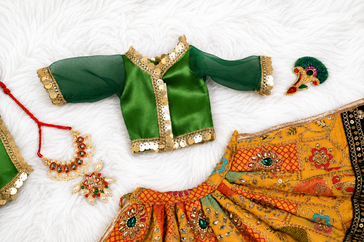 Radha Krishna Poshak | Yellow, Green & Pink Georgette