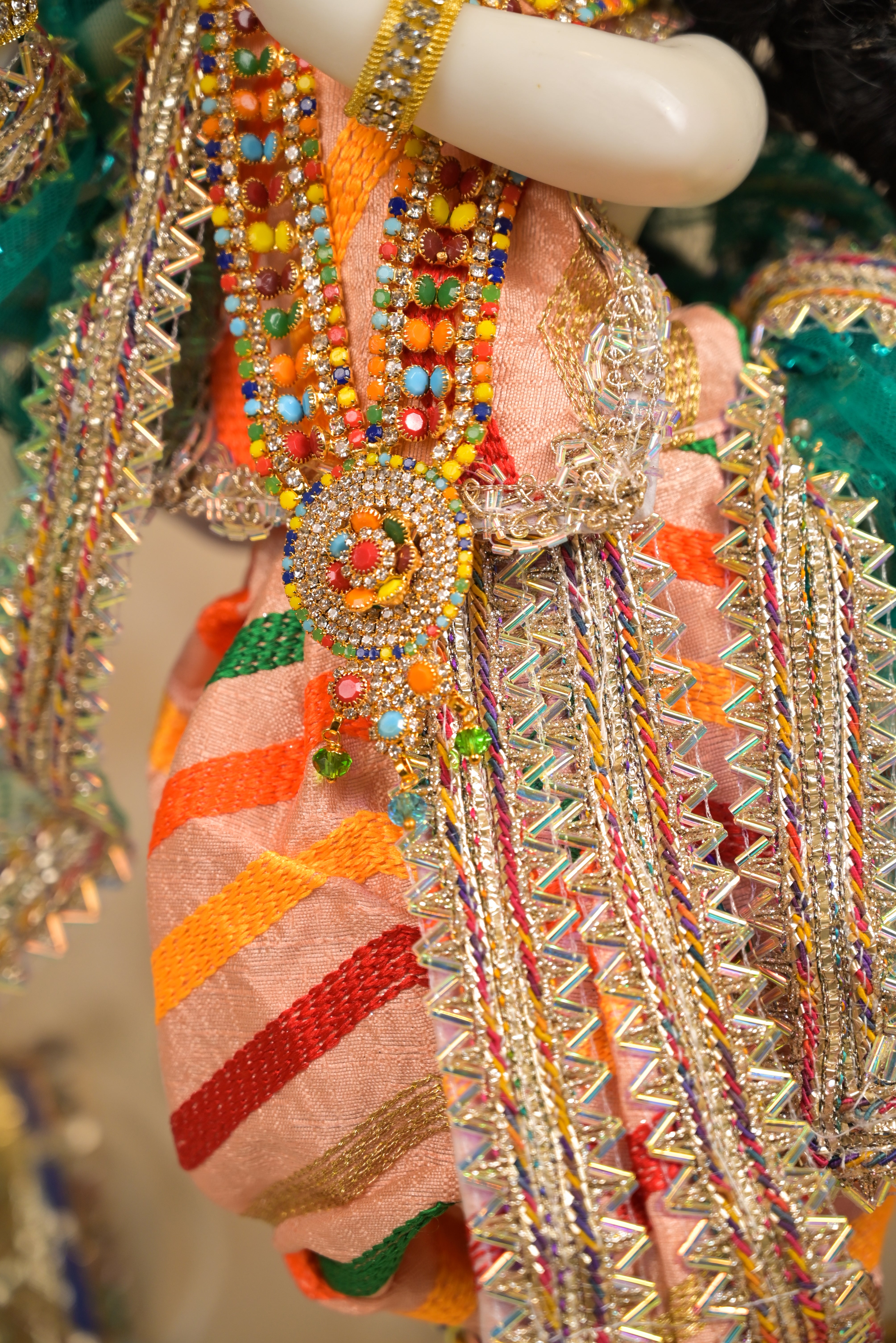 Radha Krishna Poshak | Peach, Pink & Green Silk