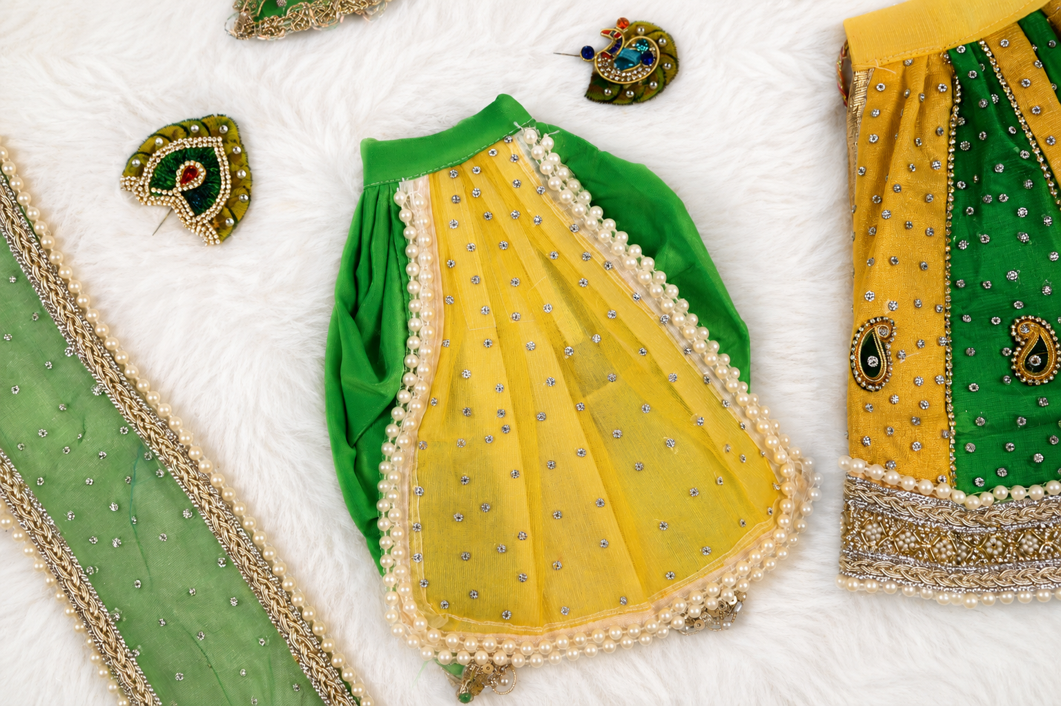 Radha Krishna Poshak | Yellow & Green Net | Festival Special