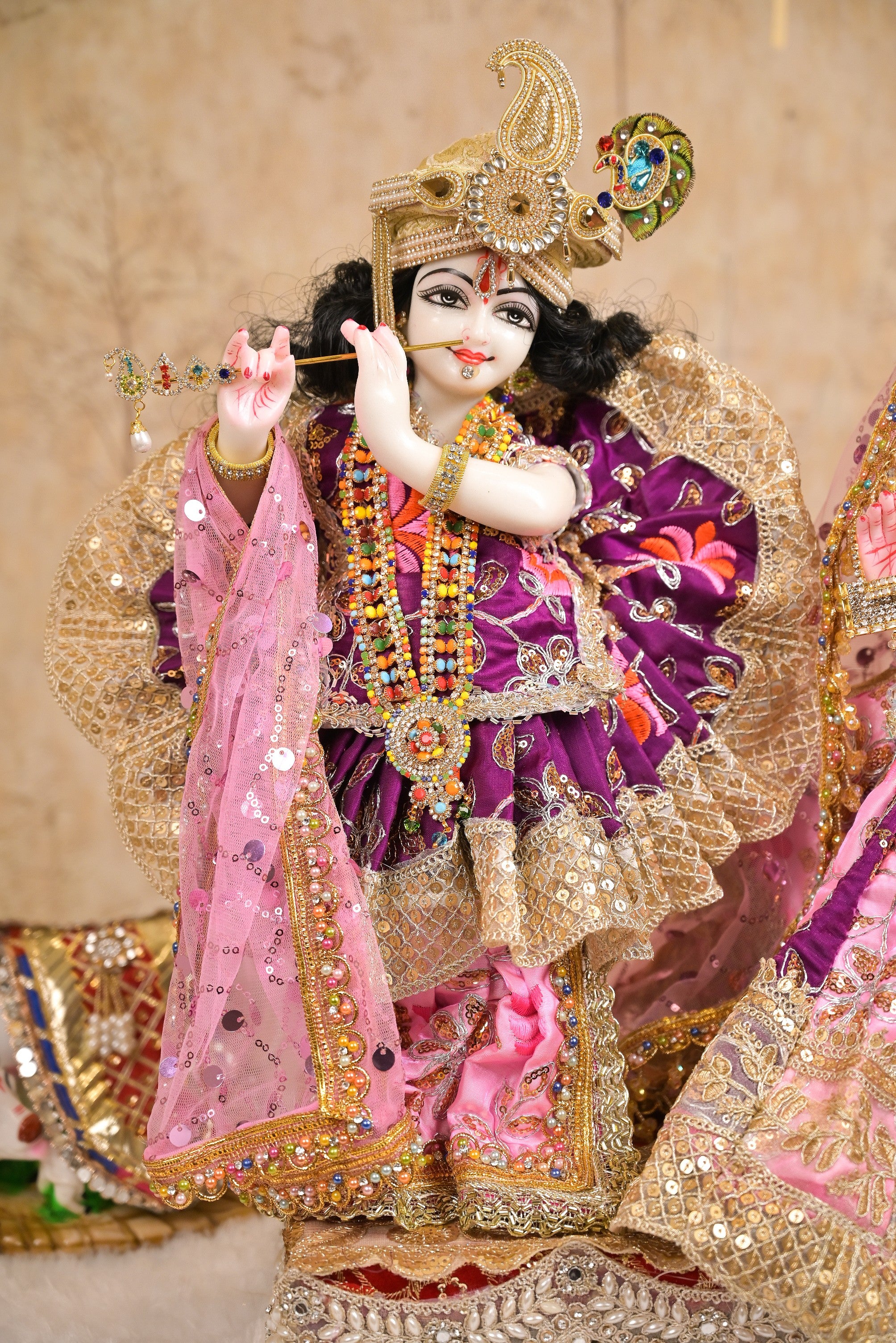 Radha Krishna Poshak | Purple, Pink & Golden Silk