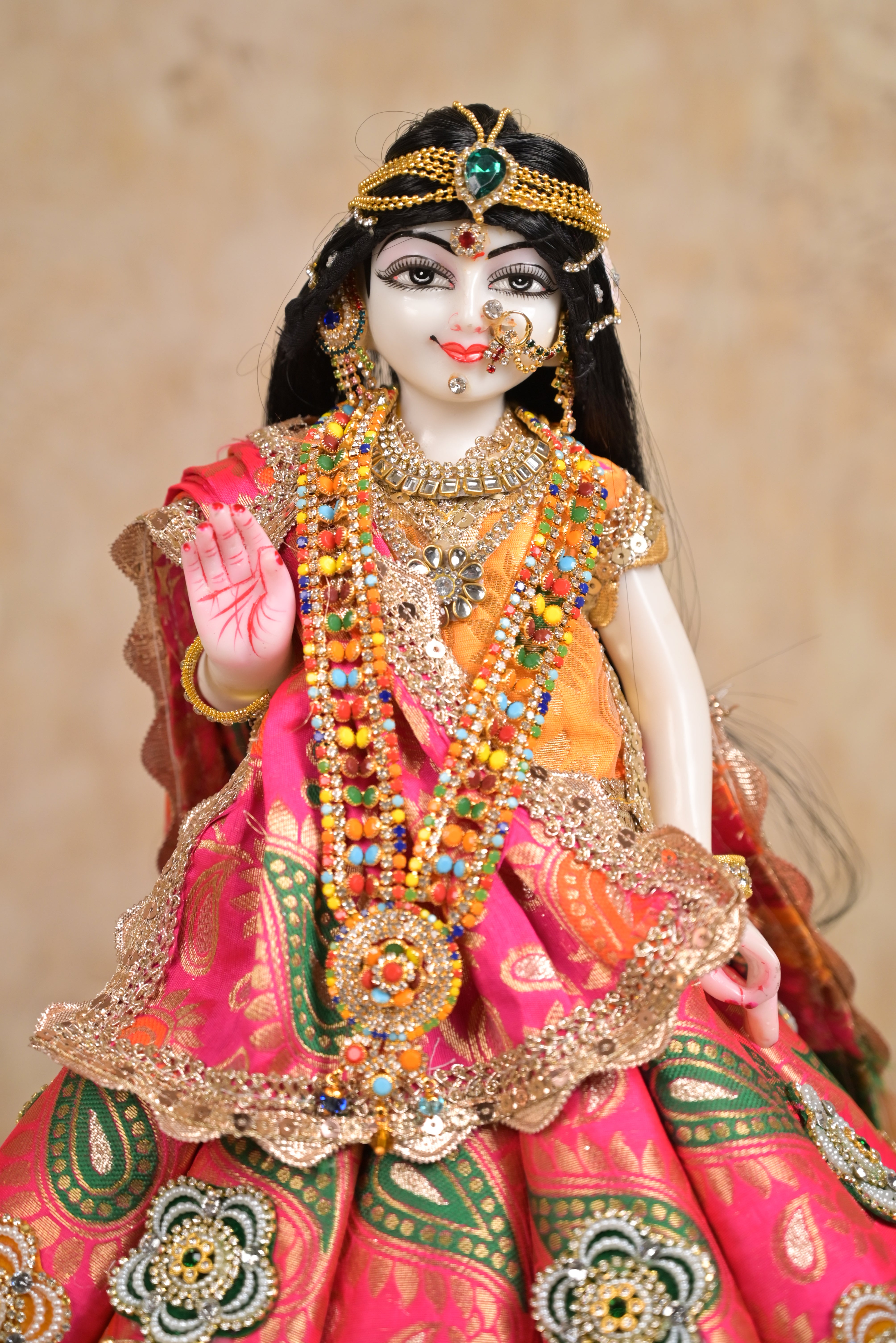 Radha Krishna Royal Yugal Jodi Poshak | Pure Banarsi Premium Silk | Pink, Mustard Yellow & Green