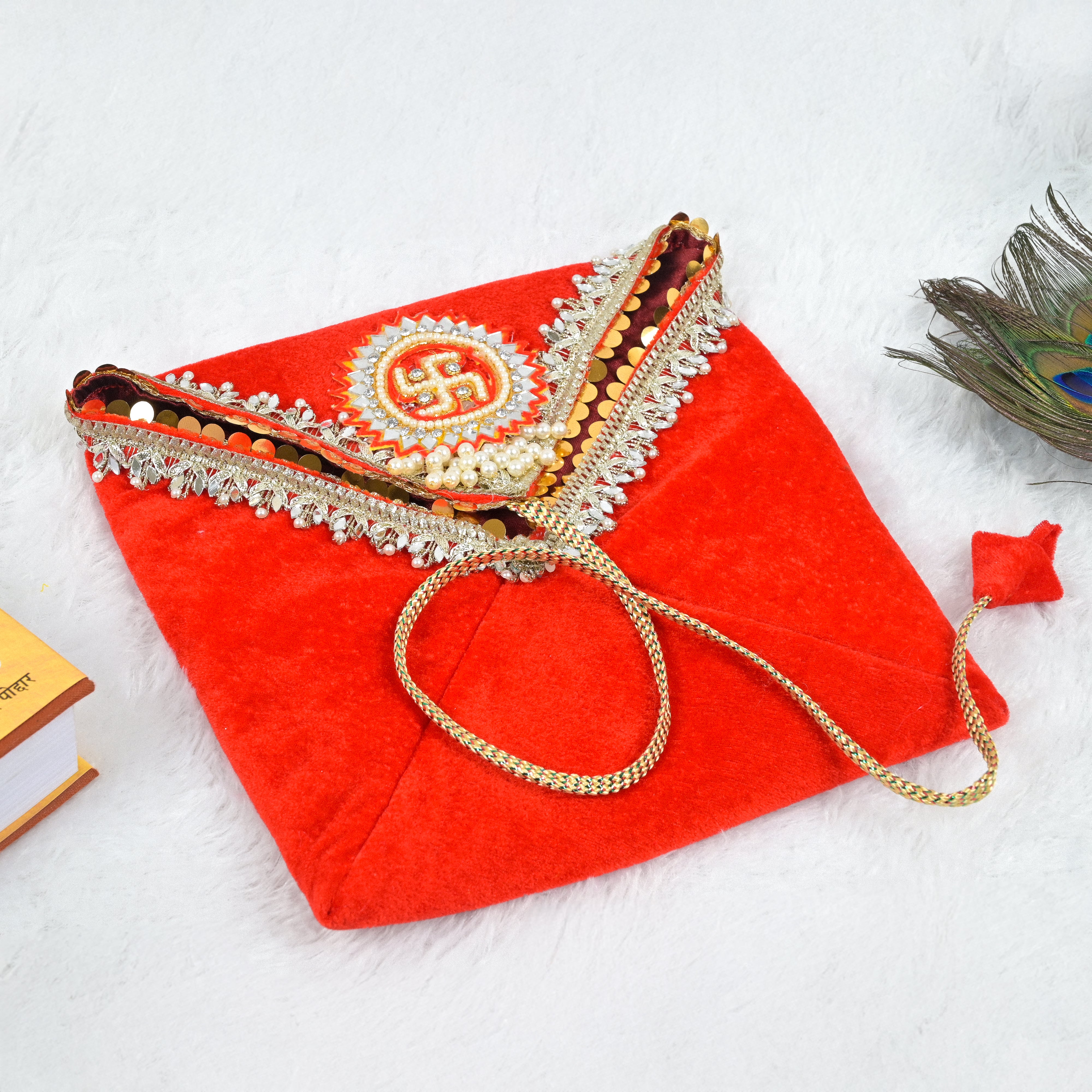 Swastik Embroidered Pothi Cover with Mirror & Pearl Work