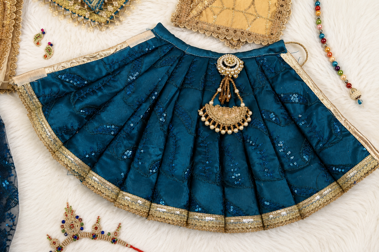Radha Krishna Poshak | Golden & Dark Blue Net