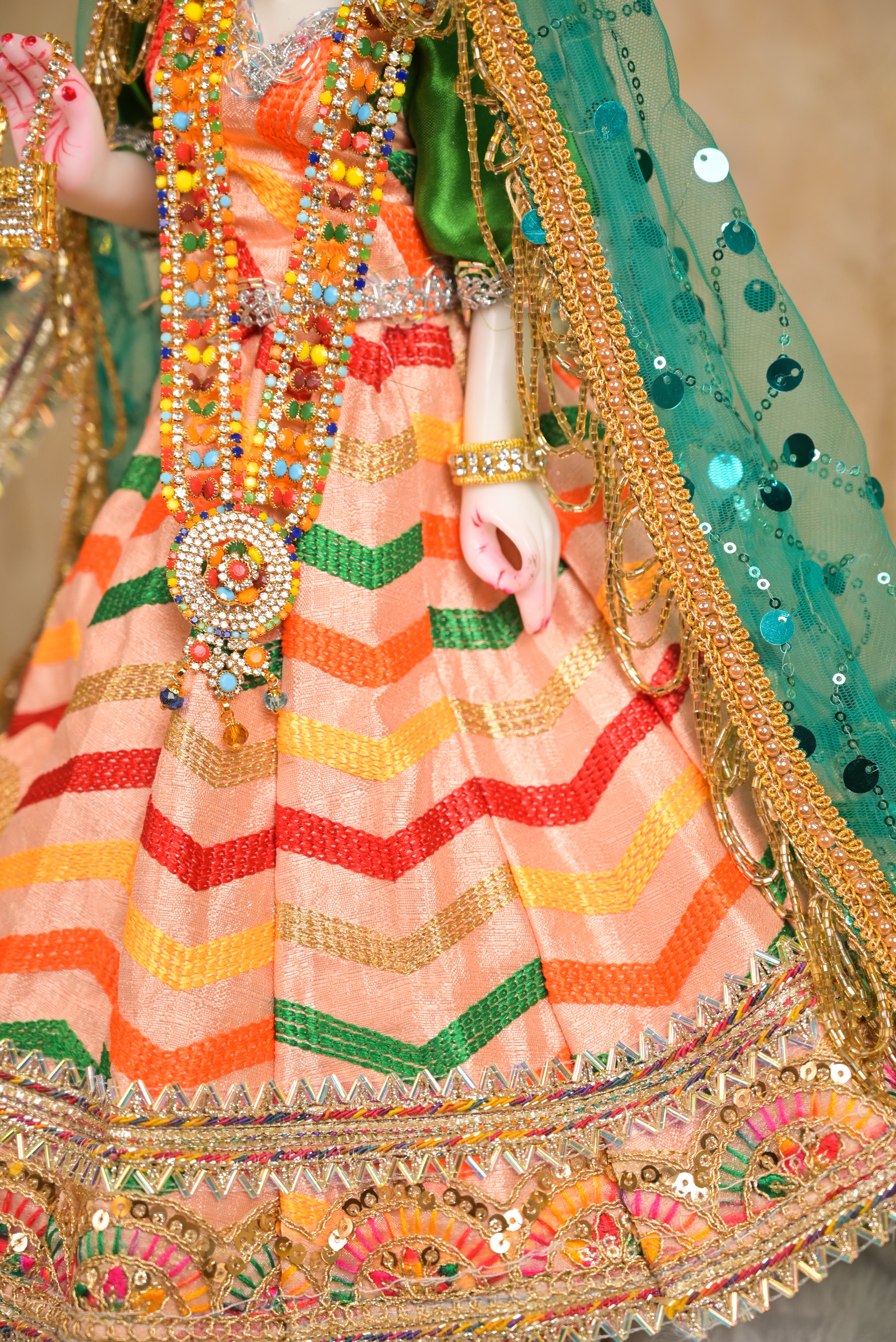 Radha Krishna Poshak | Peach, Pink & Green Silk