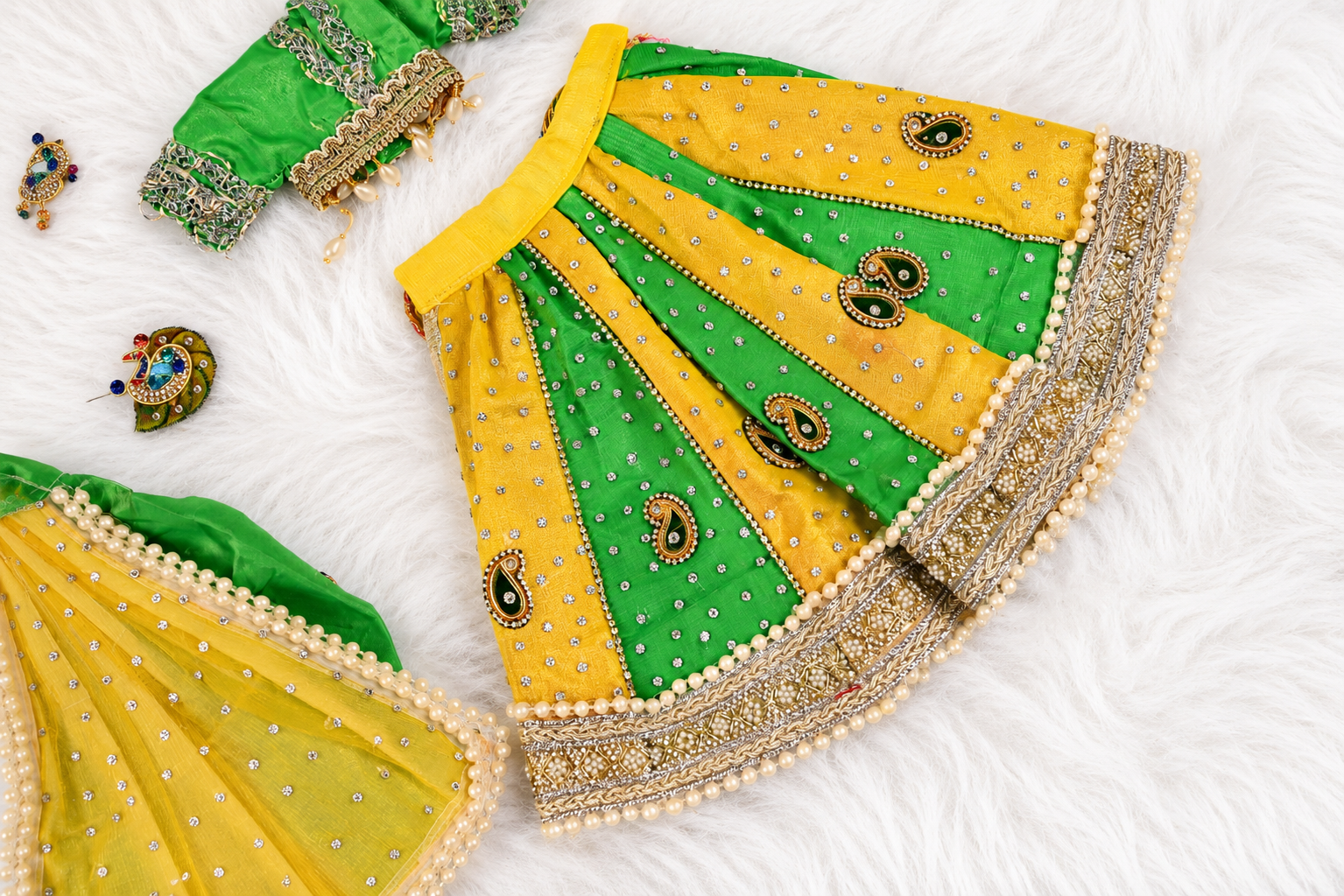 Radha Krishna Poshak | Yellow & Green Net | Festival Special