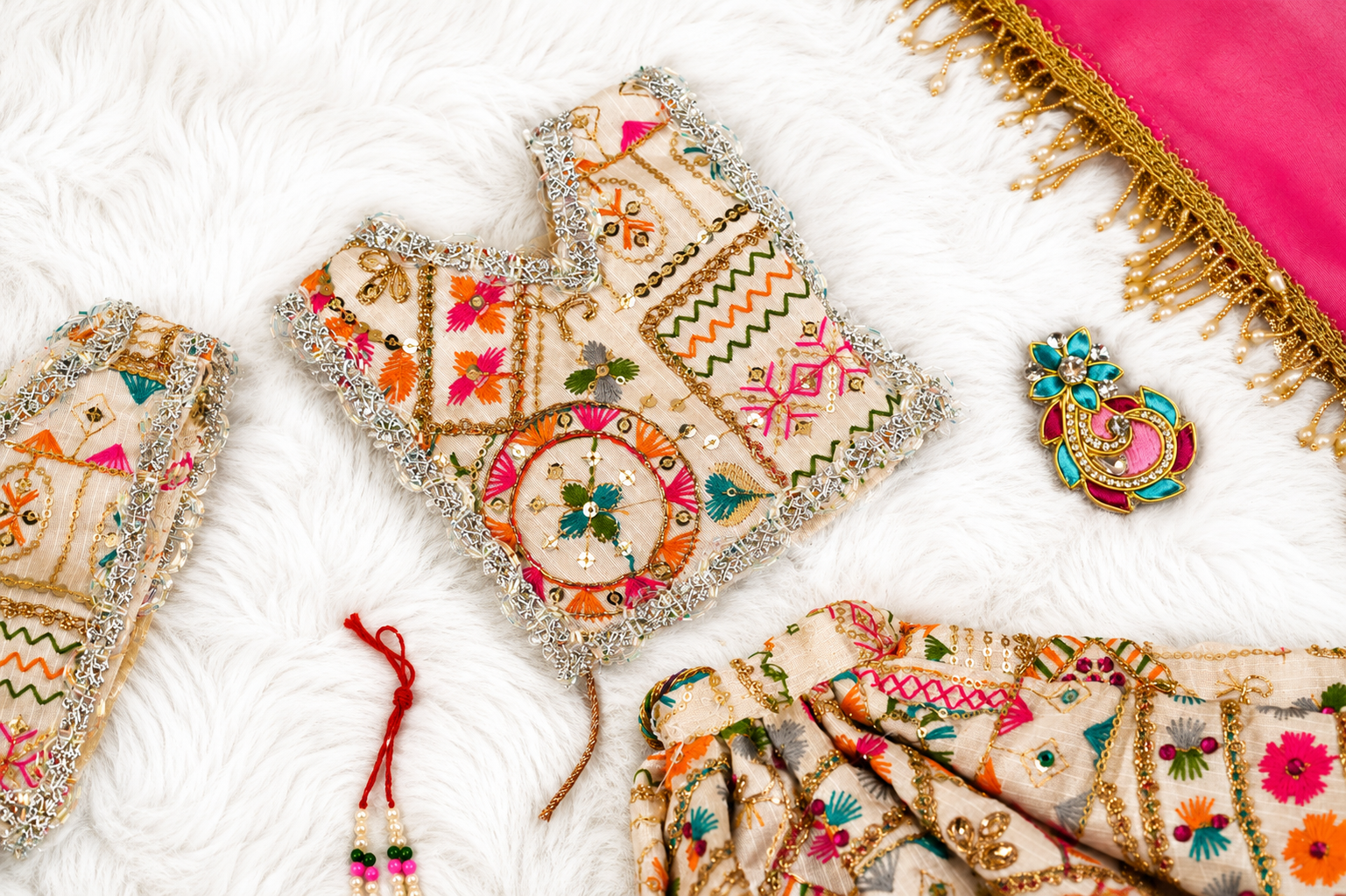 Radha Krishna Poshak | Light Golden & Pink Silk