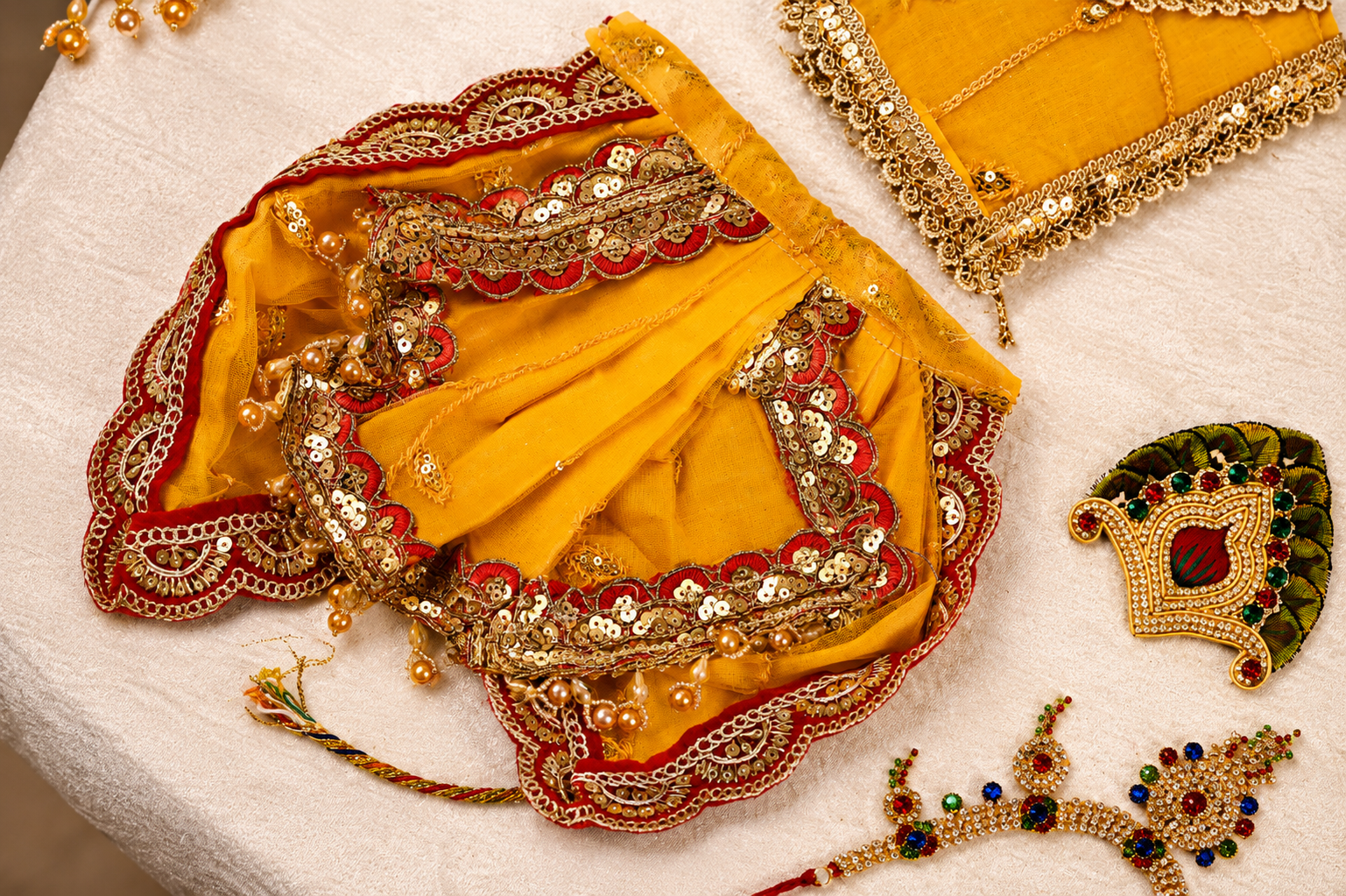 Radha Krishna Poshak | Yellow & Red Net