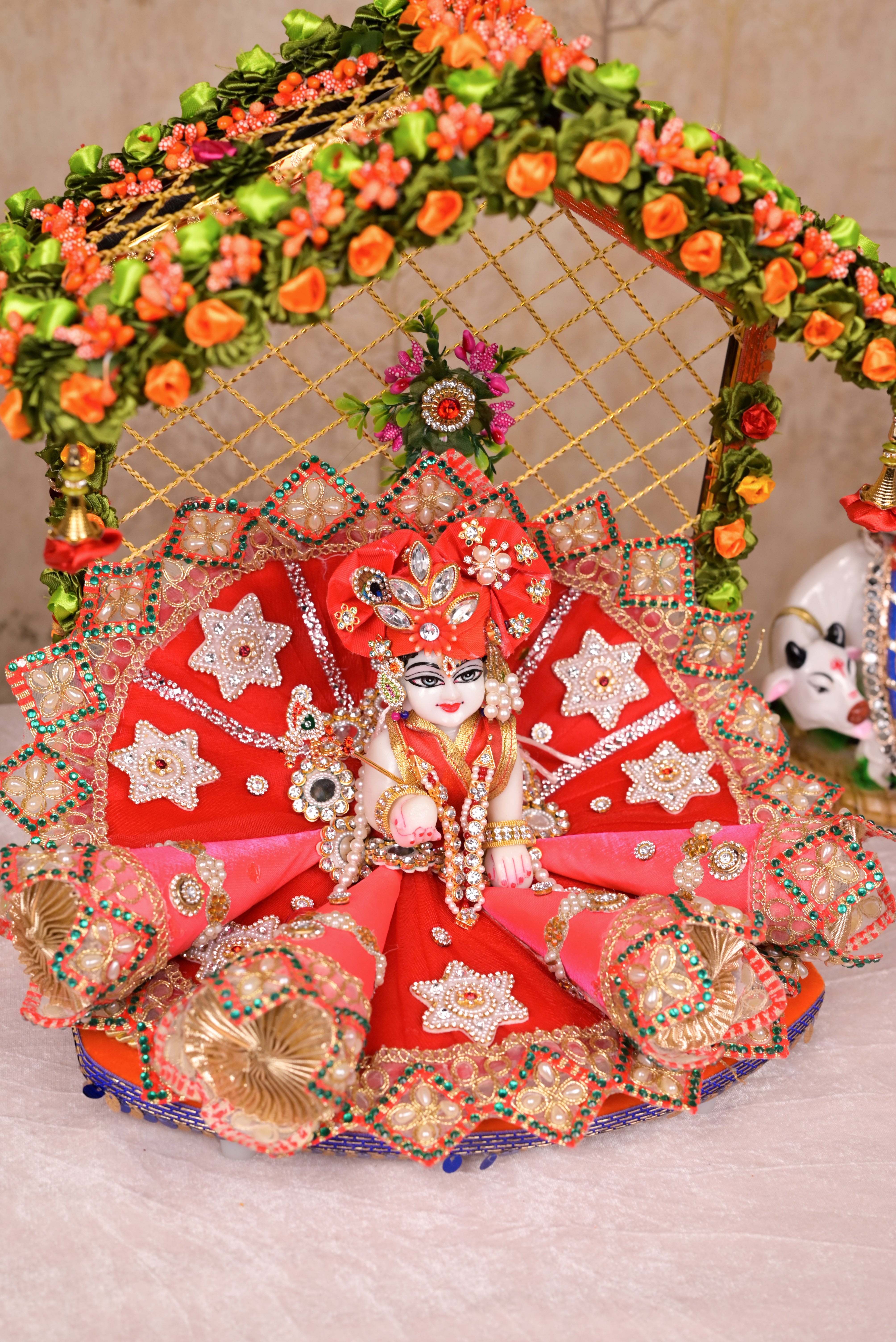 Light & Dark Pink Cone Style Silk Kundan Laddu Gopal Poshak