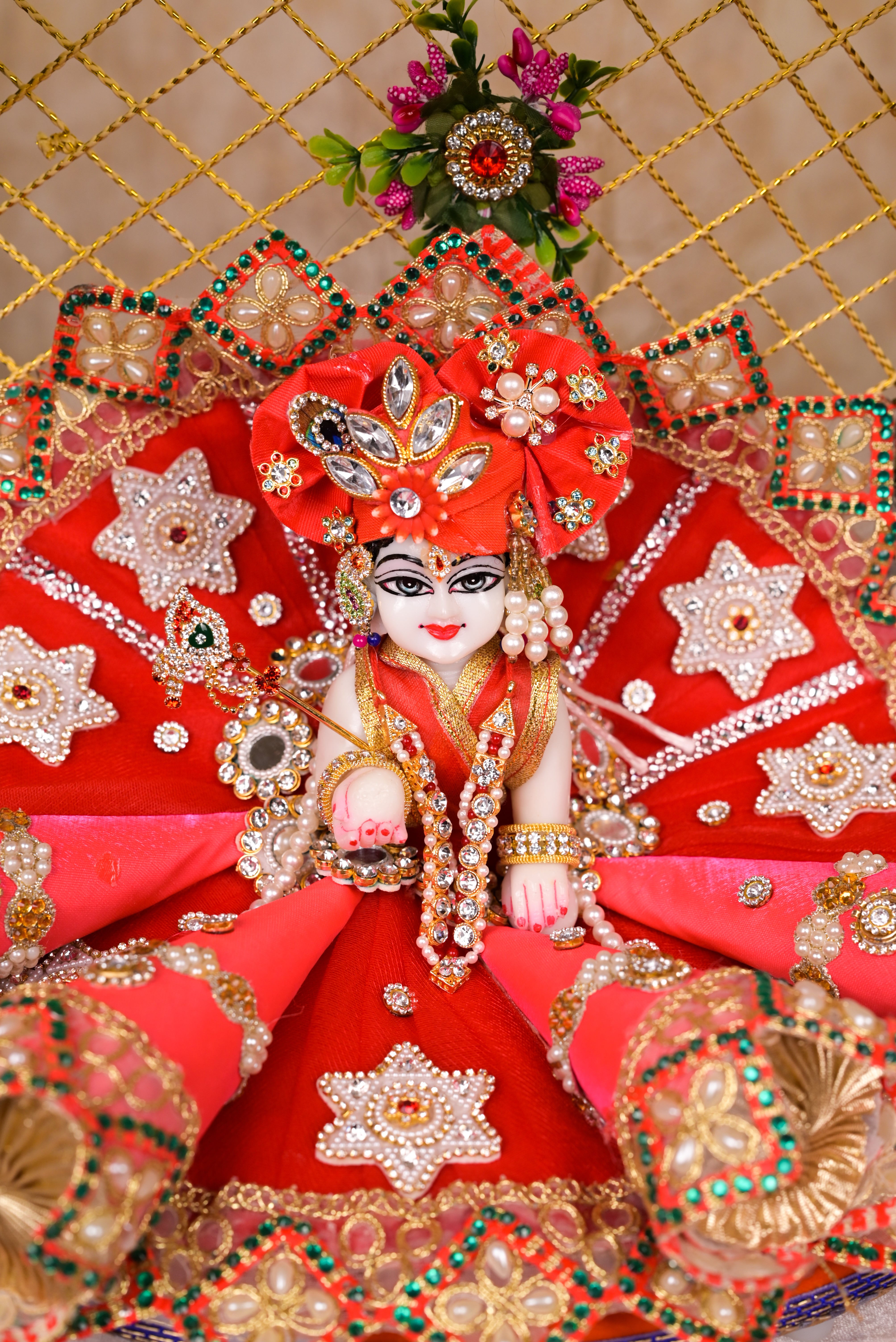 Light & Dark Pink Cone Style Silk Kundan Laddu Gopal Poshak
