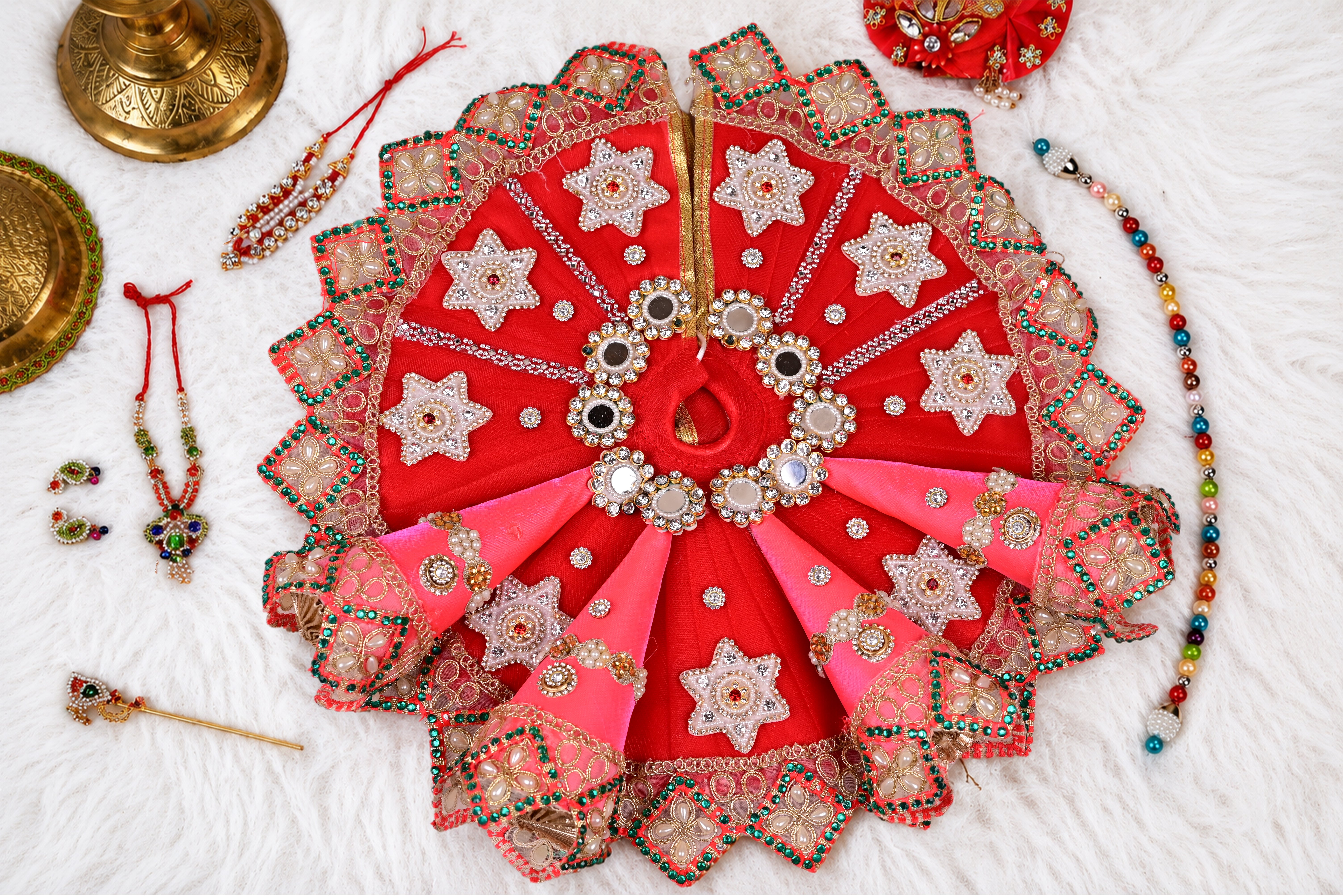 Light & Dark Pink Cone Style Silk Kundan Laddu Gopal Poshak