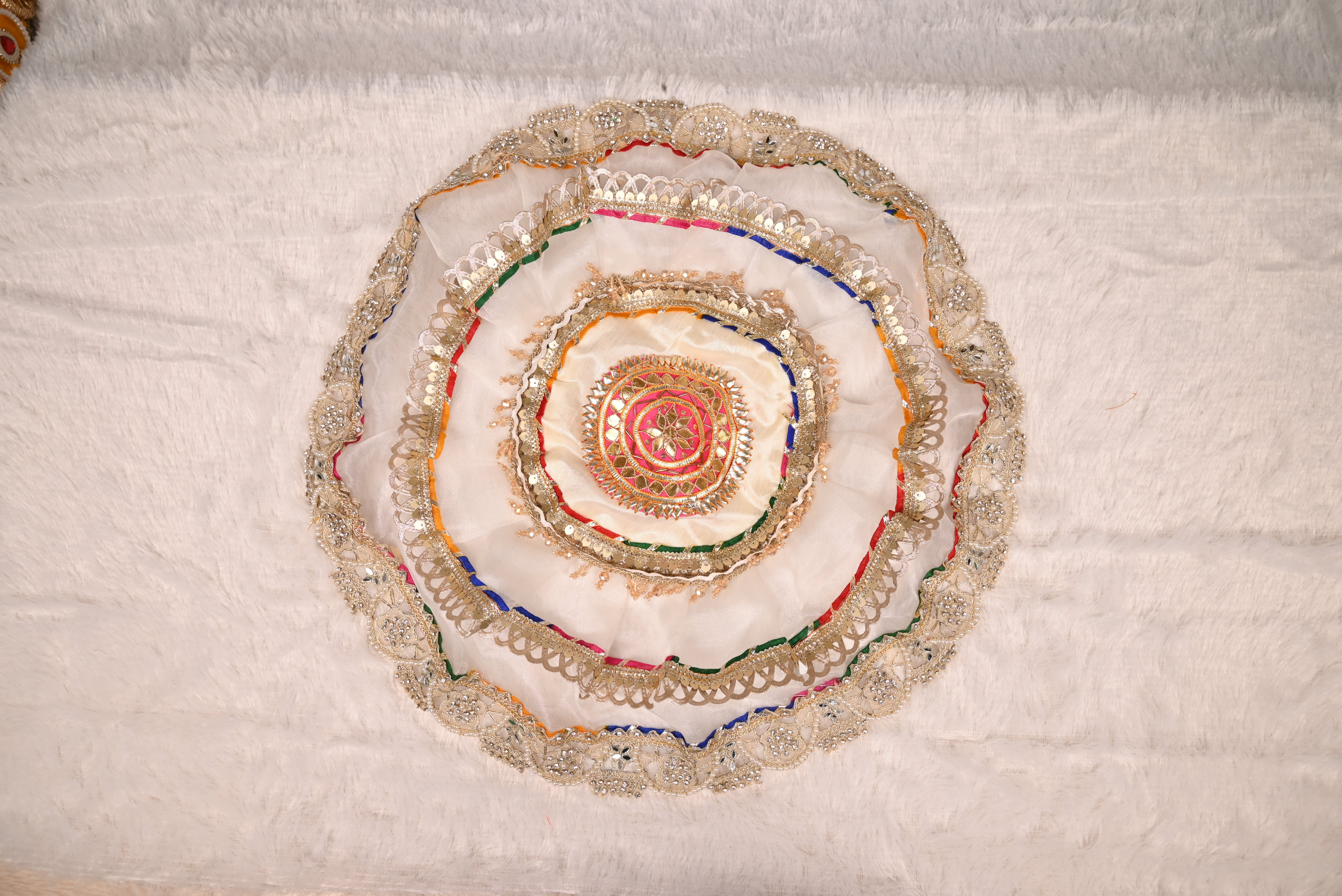 Decorative Round Thali Posh White and Multicolor Embroidered Design