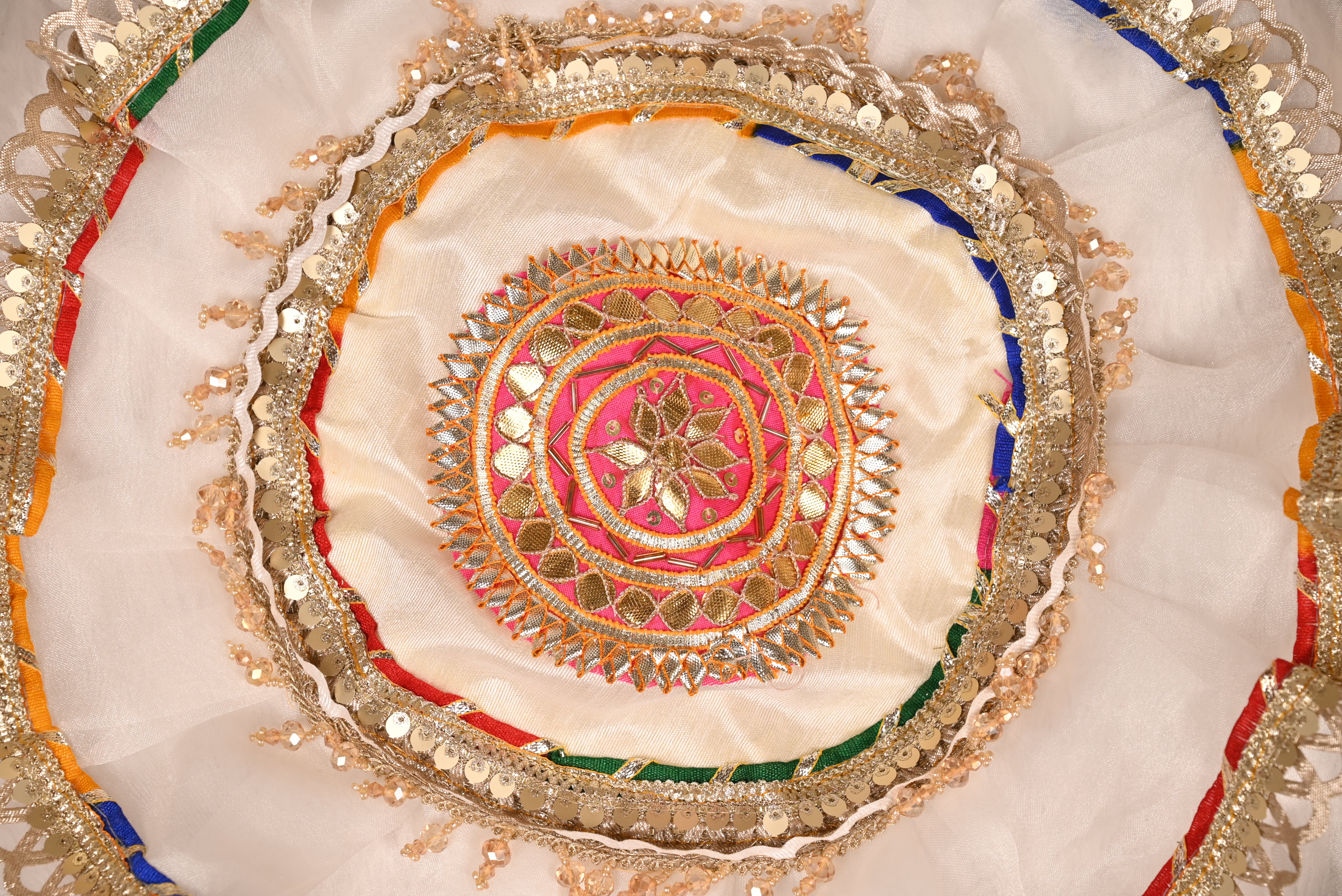 Decorative Round Thali Posh White and Multicolor Embroidered Design