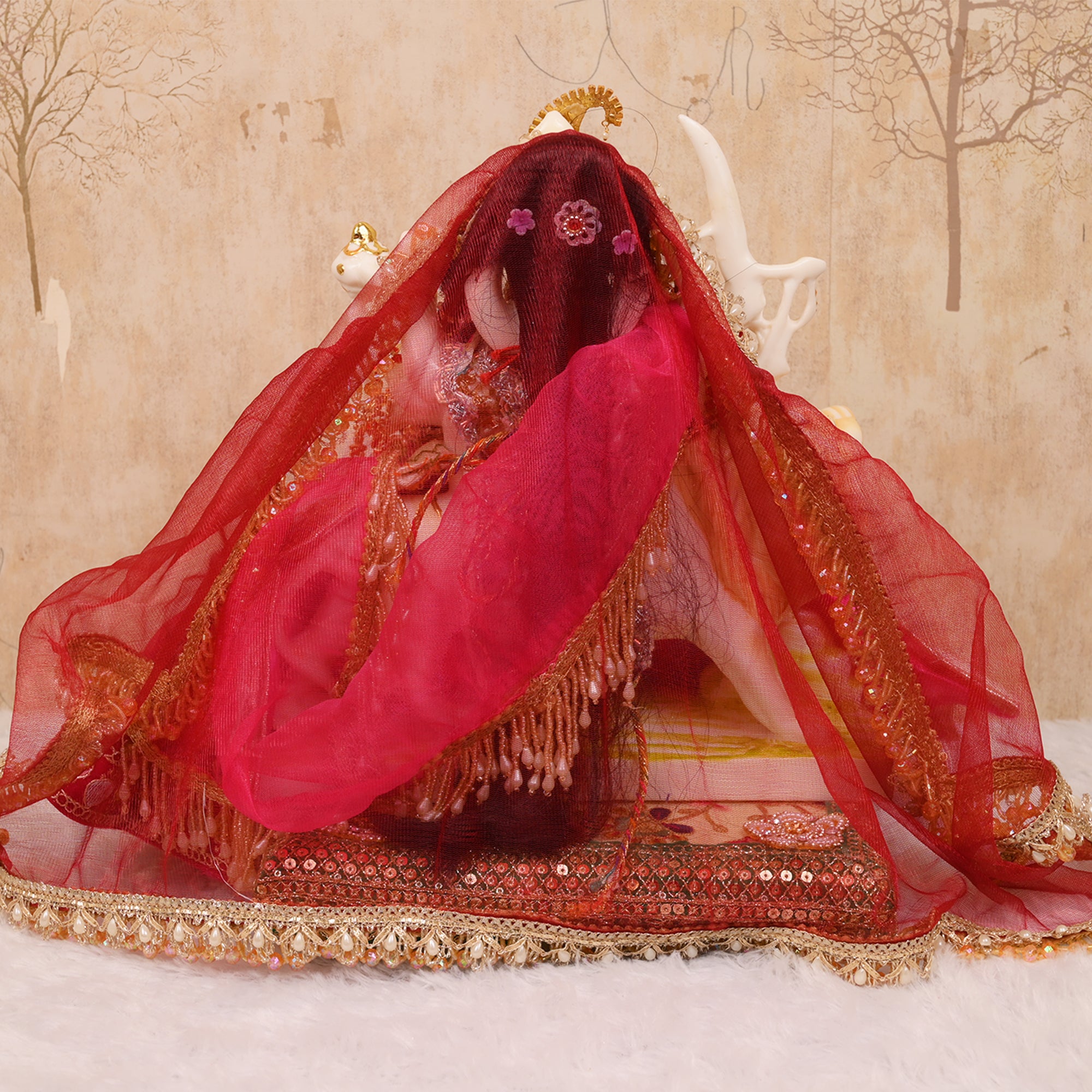 Mata Rani Poshak – Beige Golden & Pink Silk Embroidered Dress