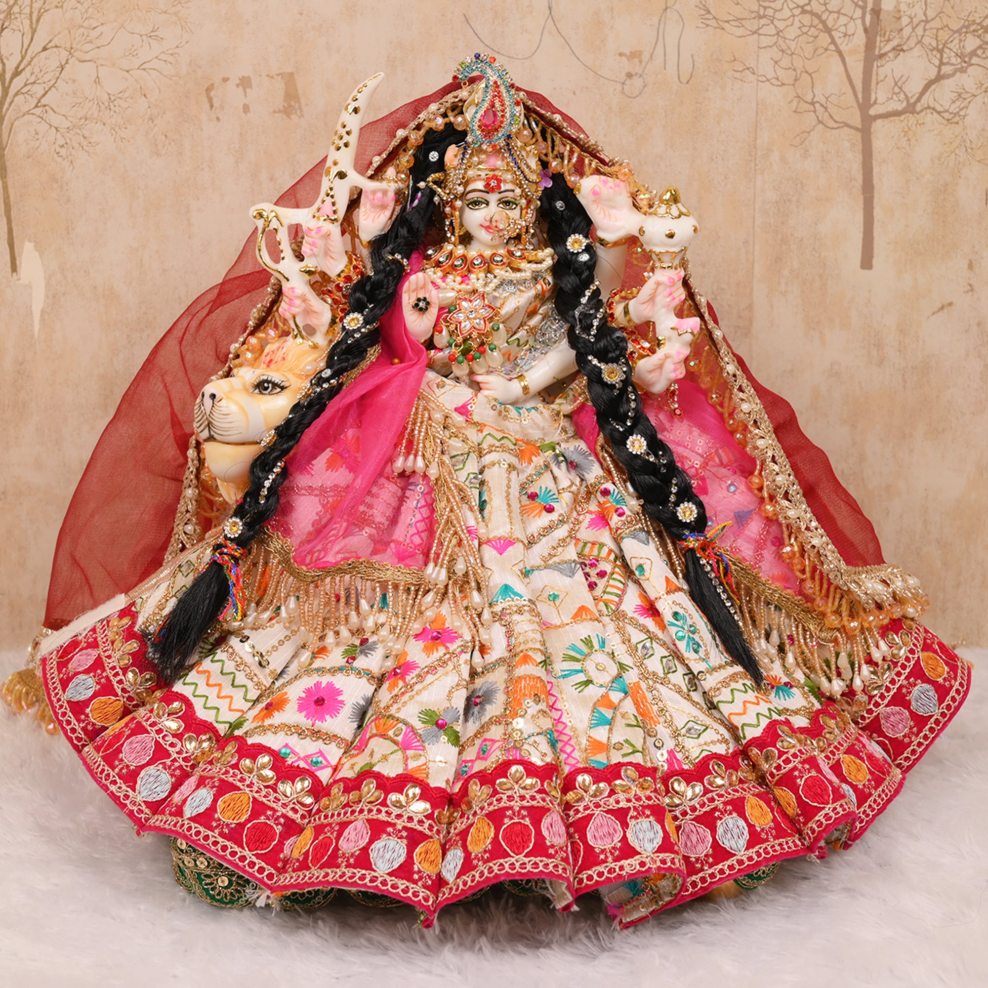 Mata Rani Poshak – Beige Golden & Pink Silk Embroidered Dress