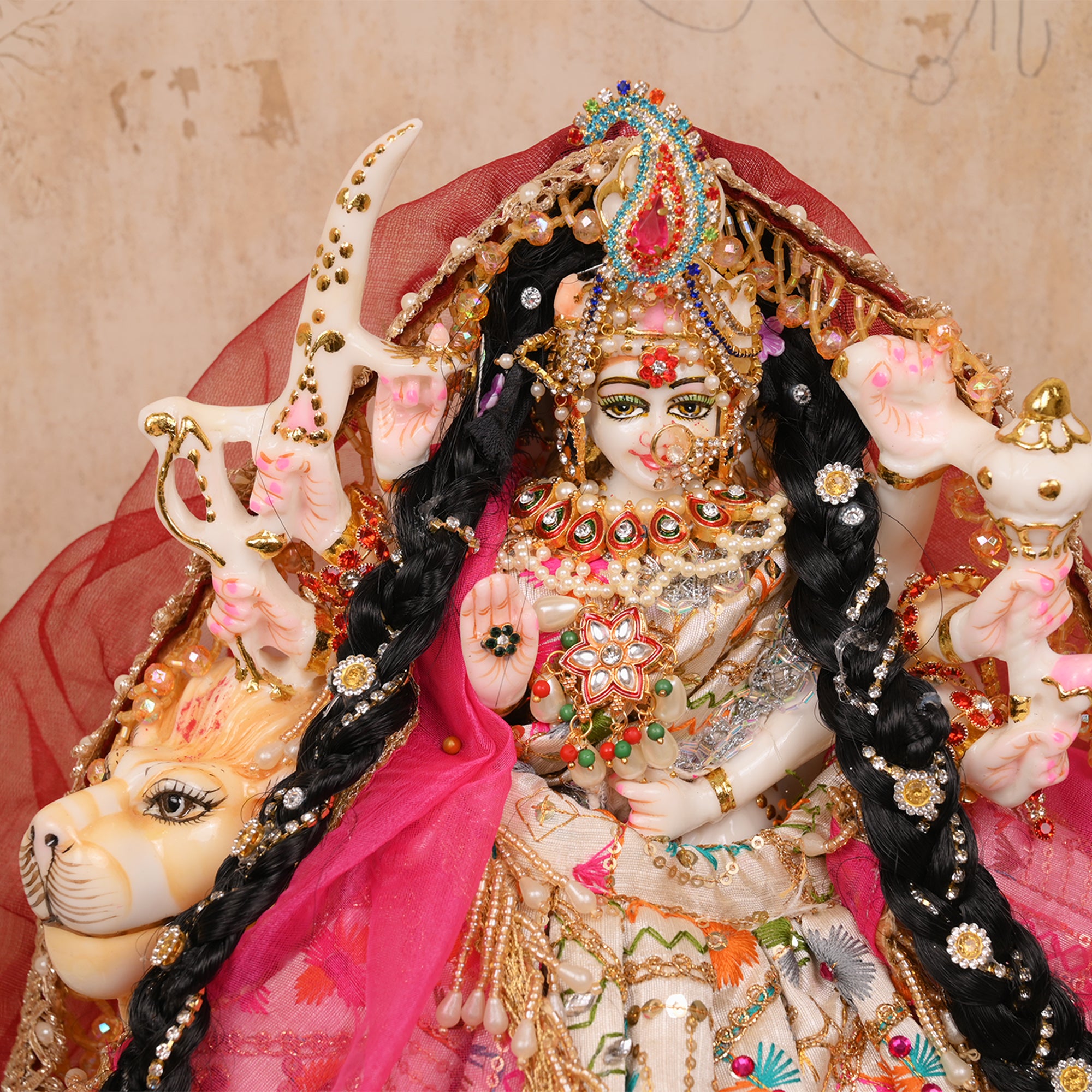 Mata Rani Poshak – Beige Golden & Pink Silk Embroidered Dress