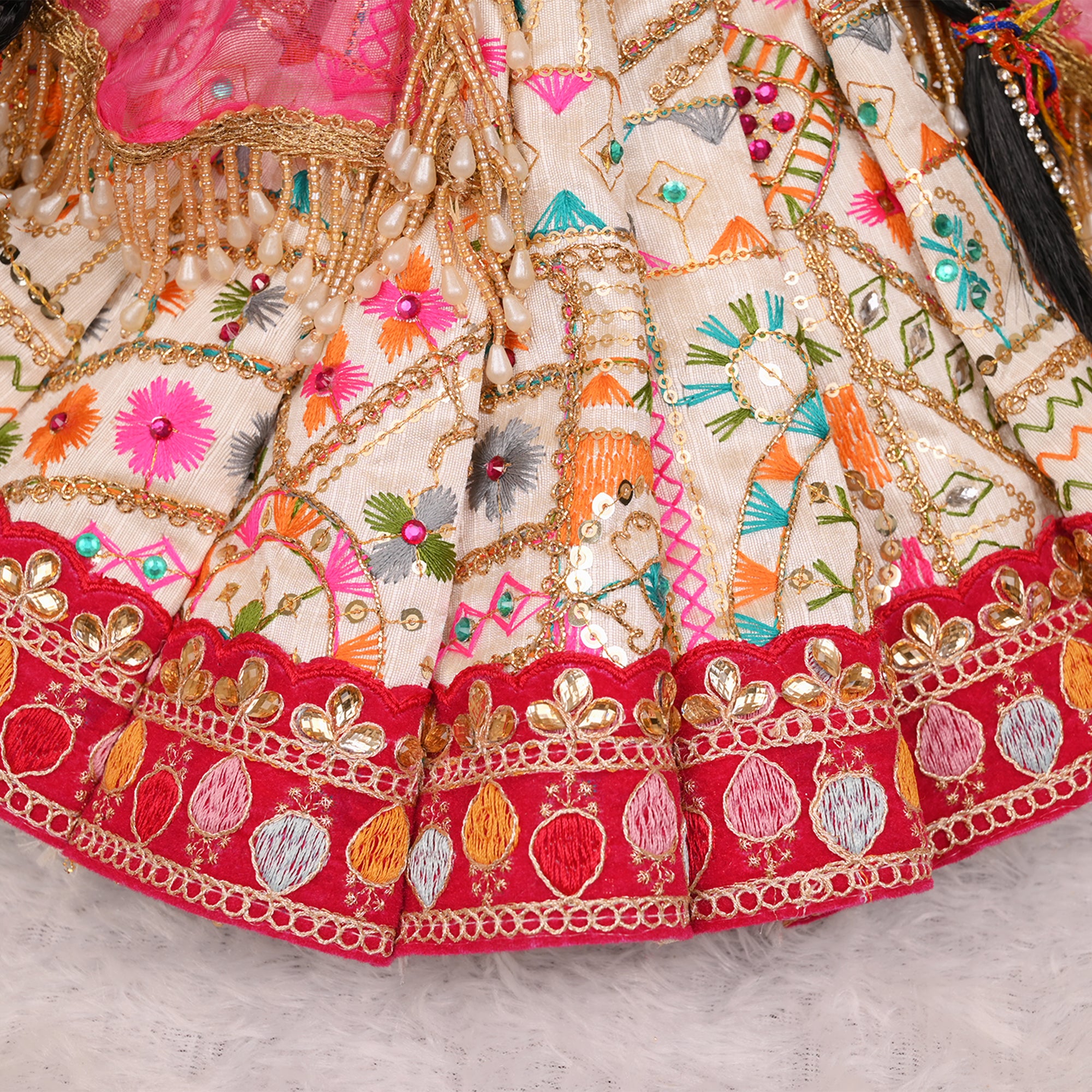 Mata Rani Poshak – Beige Golden & Pink Silk Embroidered Dress