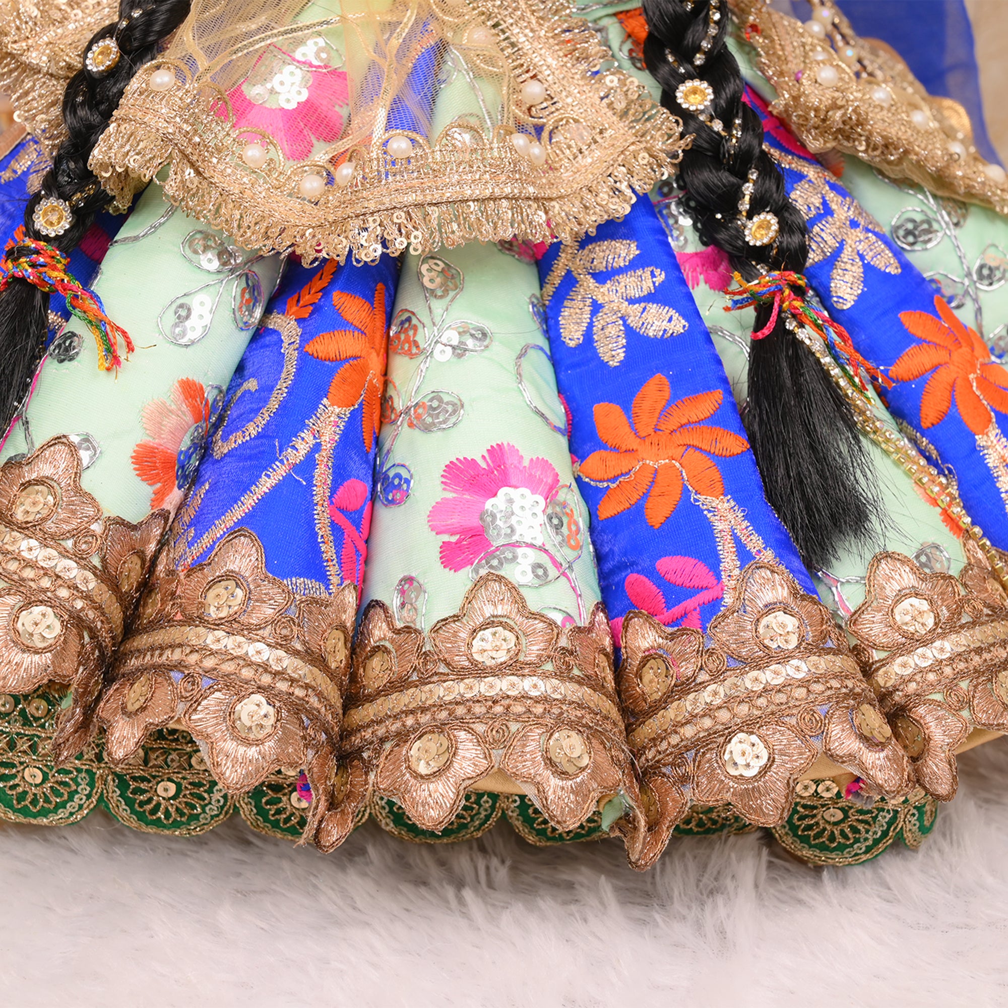 Mata Rani Poshak – Sea Green & Royal Blue Silk Embroidered Dress