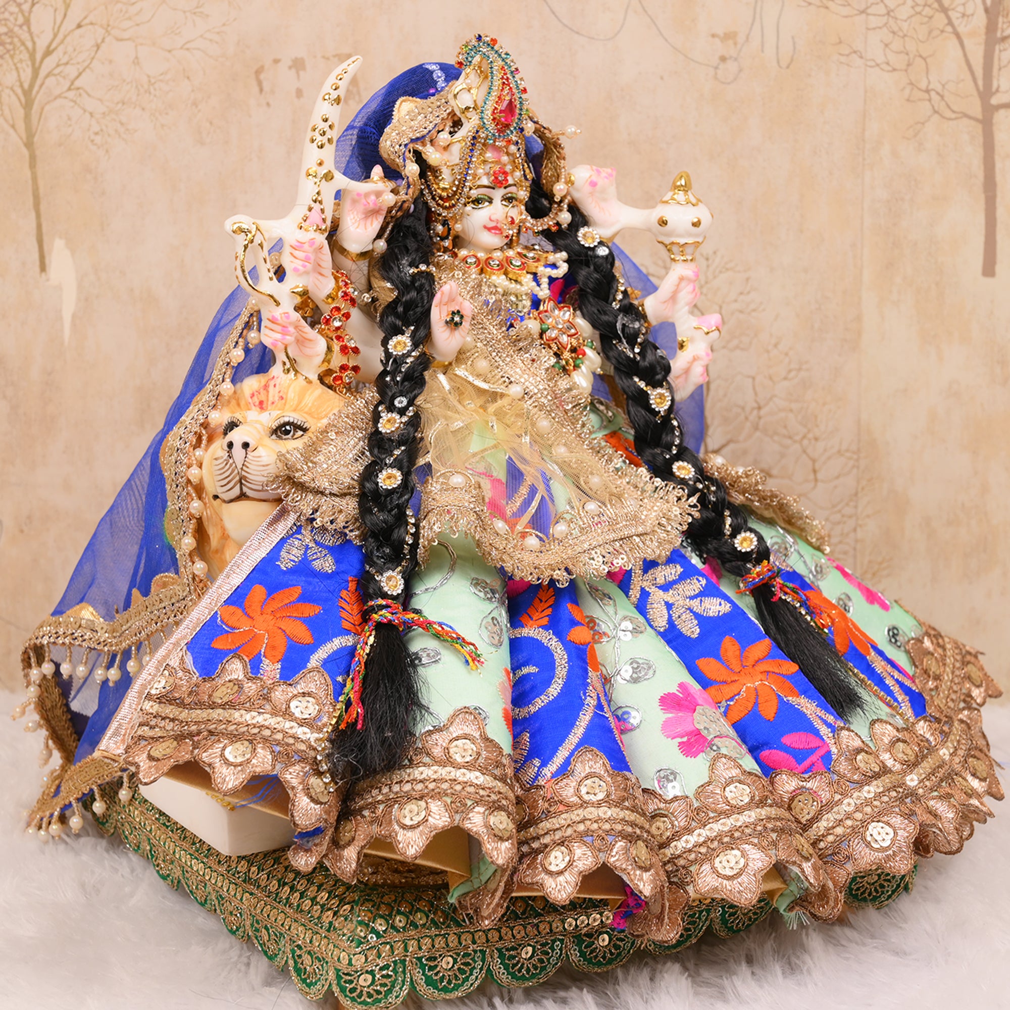 Mata Rani Poshak – Sea Green & Royal Blue Silk Embroidered Dress