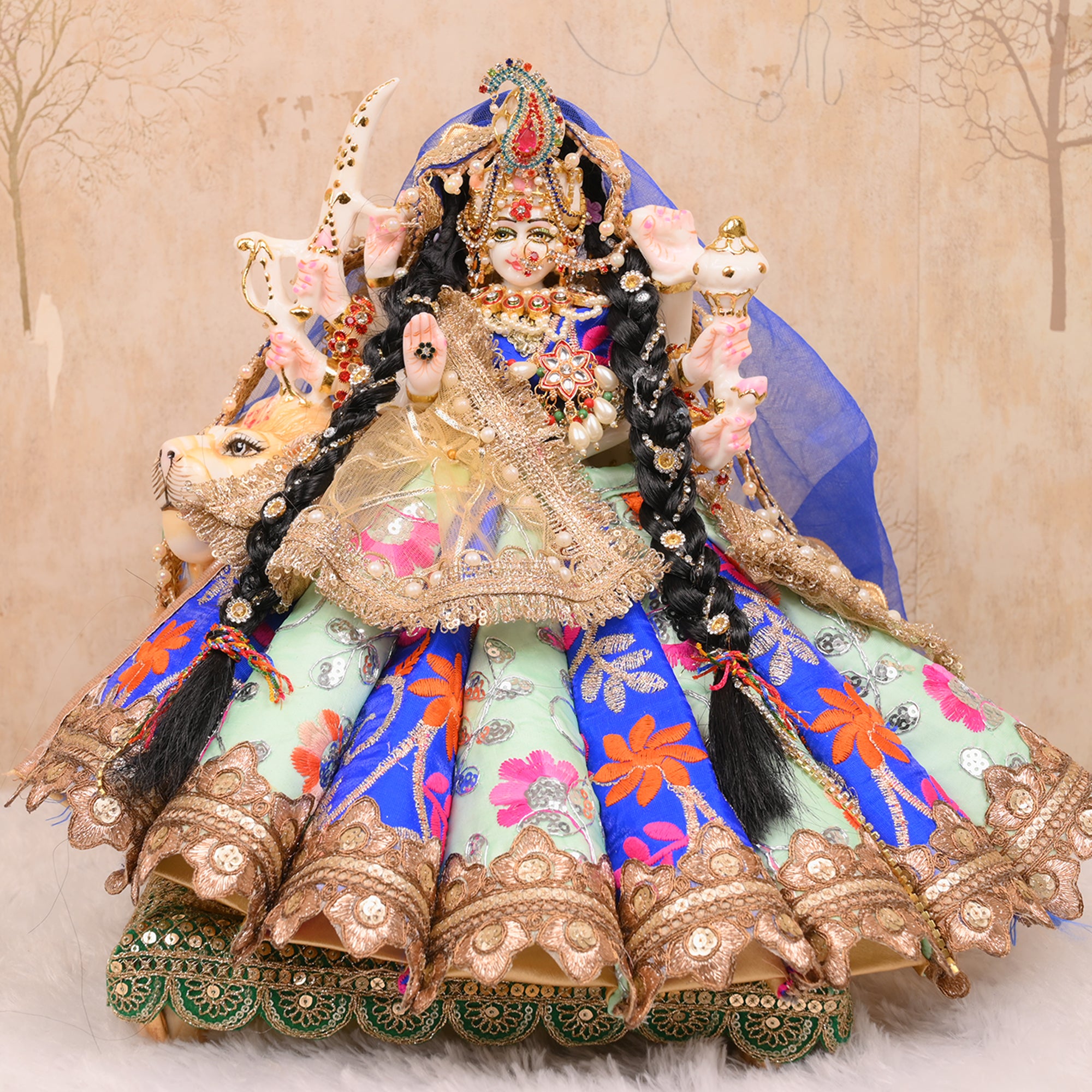 Mata Rani Poshak – Sea Green & Royal Blue Silk Embroidered Dress