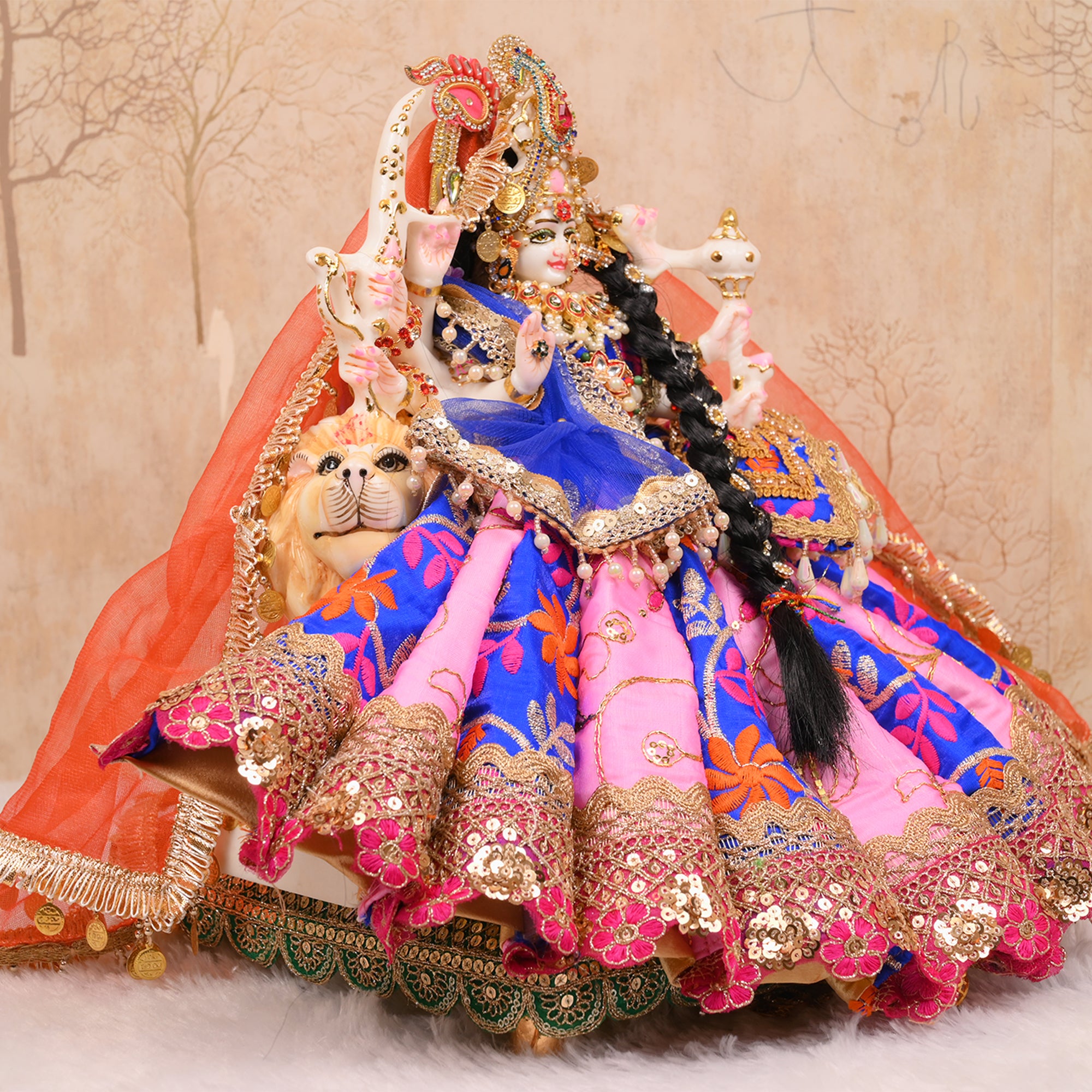 Mata Rani Poshak – Baby Pink & Royal Blue Silk Embroidered Dress