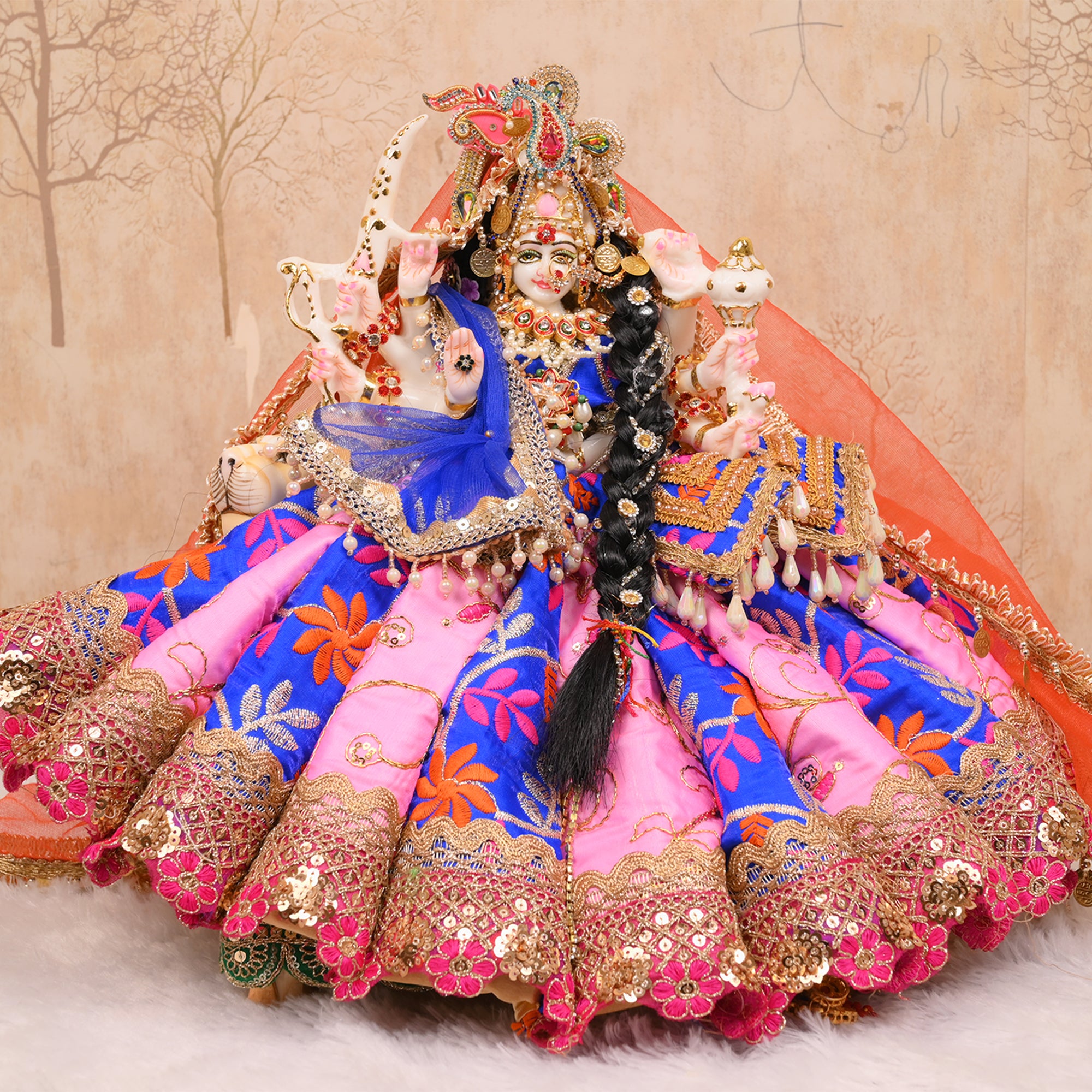 Mata Rani Poshak – Baby Pink & Royal Blue Silk Embroidered Dress
