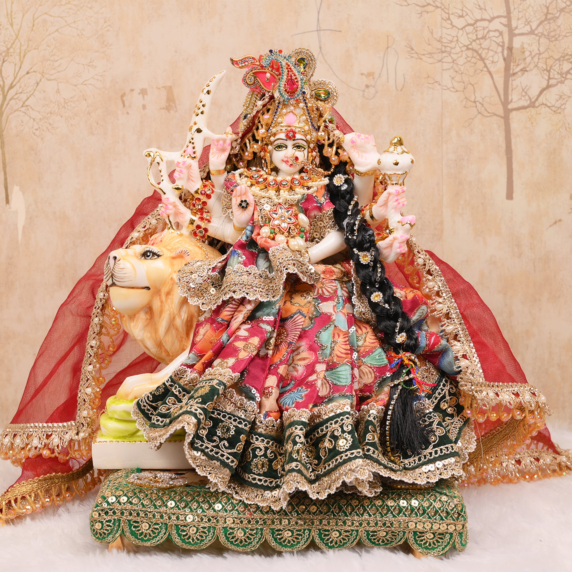 Mata Rani Saree Style Poshak – Reddish Maroon & Green Embroidered Dress