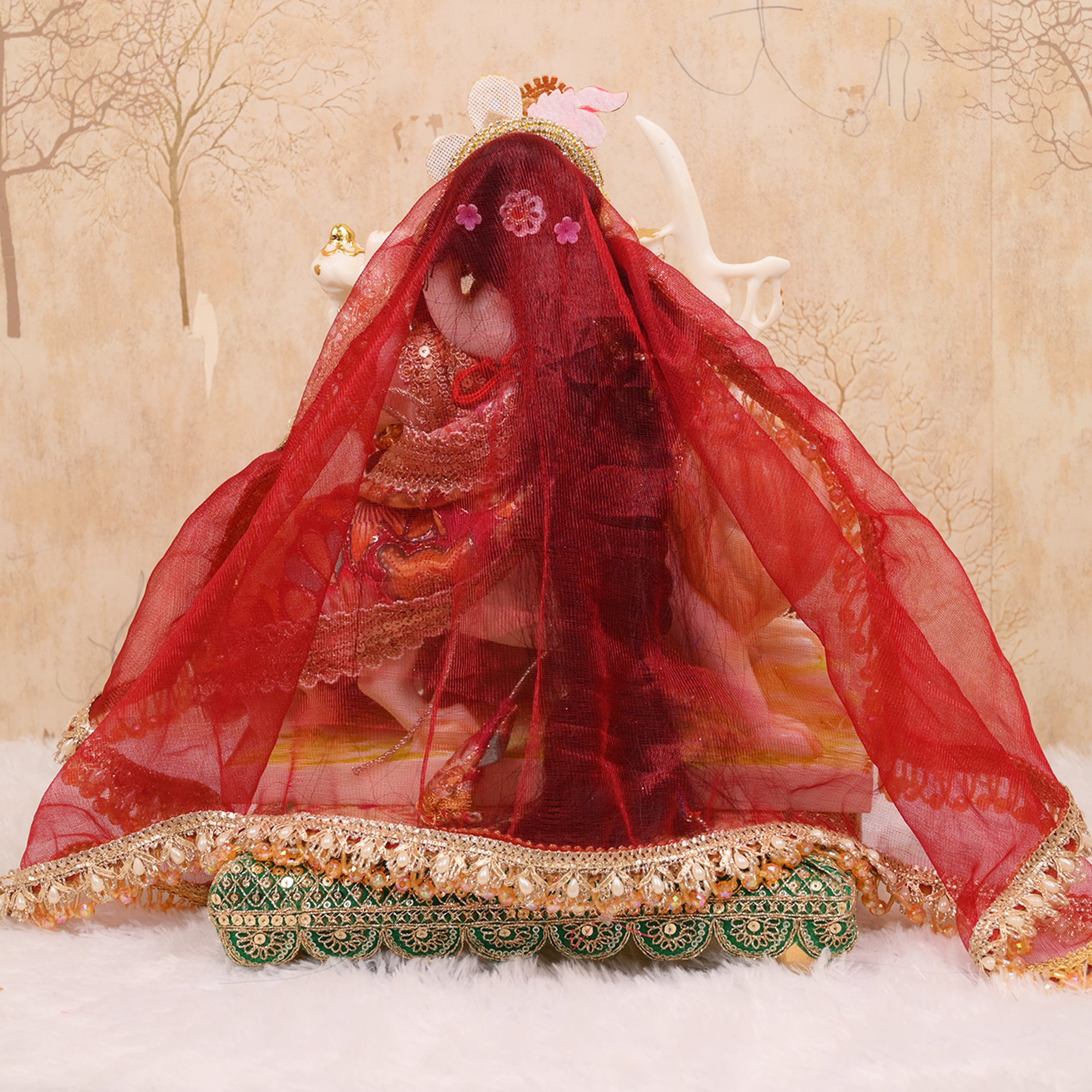 Mata Rani Saree Style Poshak – Reddish Maroon & Green Embroidered Dress
