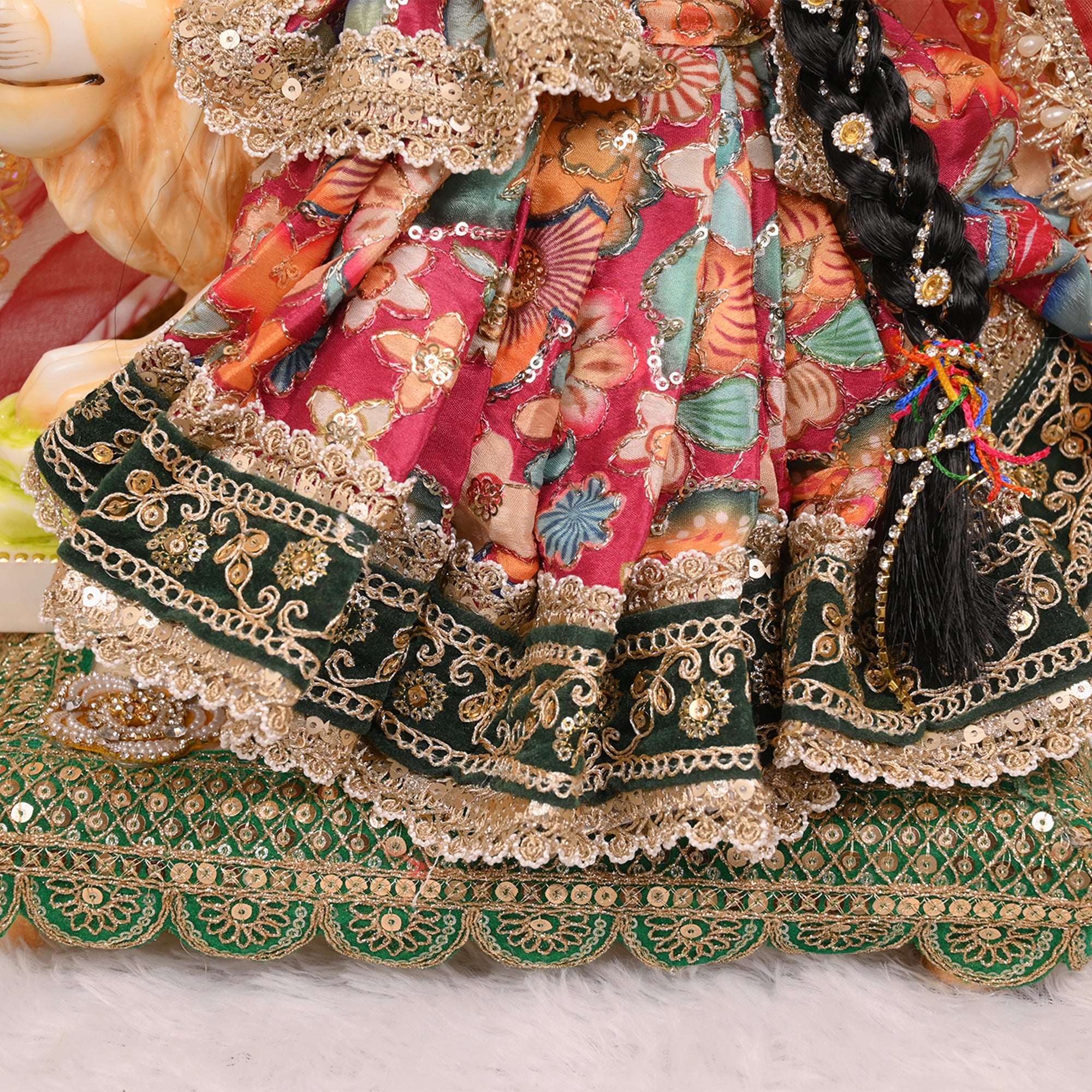 Mata Rani Saree Style Poshak – Reddish Maroon & Green Embroidered Dress