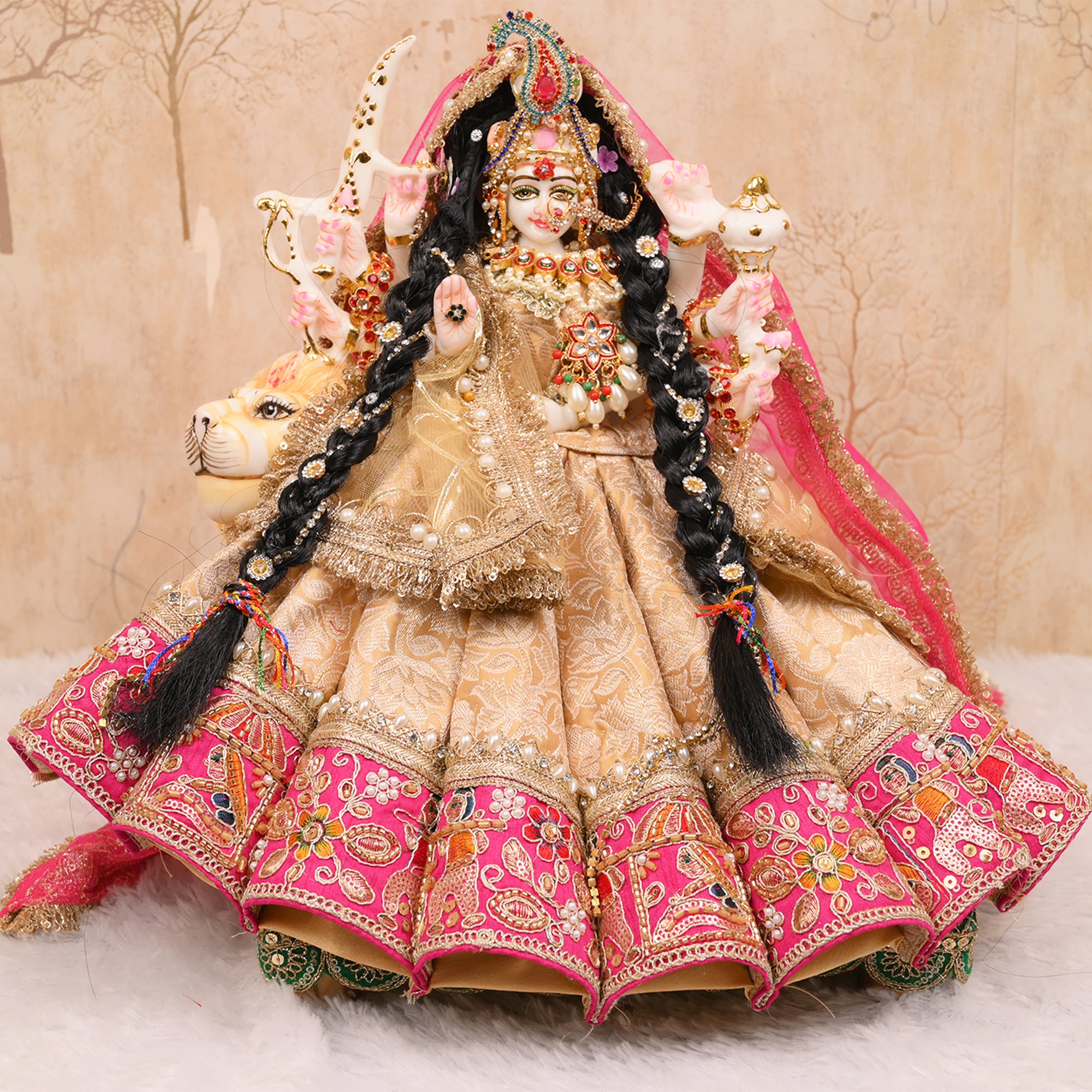 Mata Rani Poshak – Beige Golden & Rani Pink Premium Banarasi Silk Dress