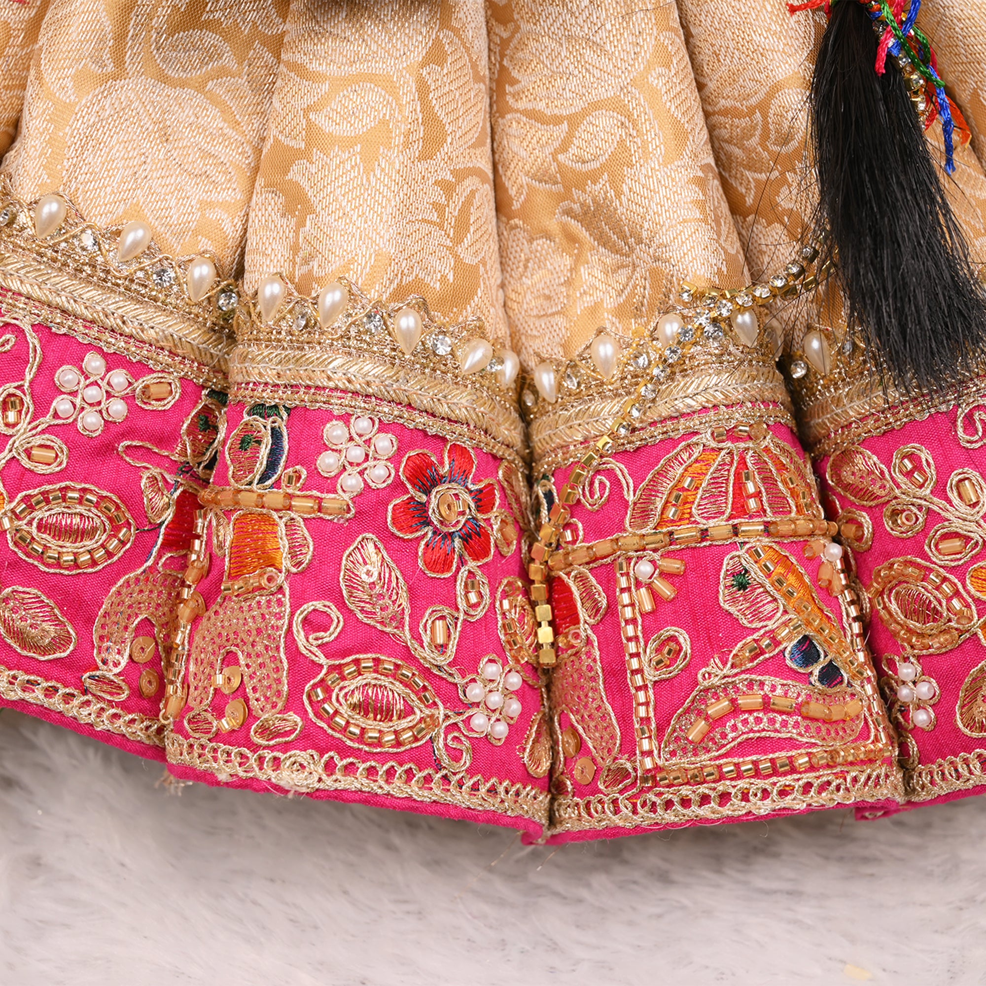 Mata Rani Poshak – Beige Golden & Rani Pink Premium Banarasi Silk Dress